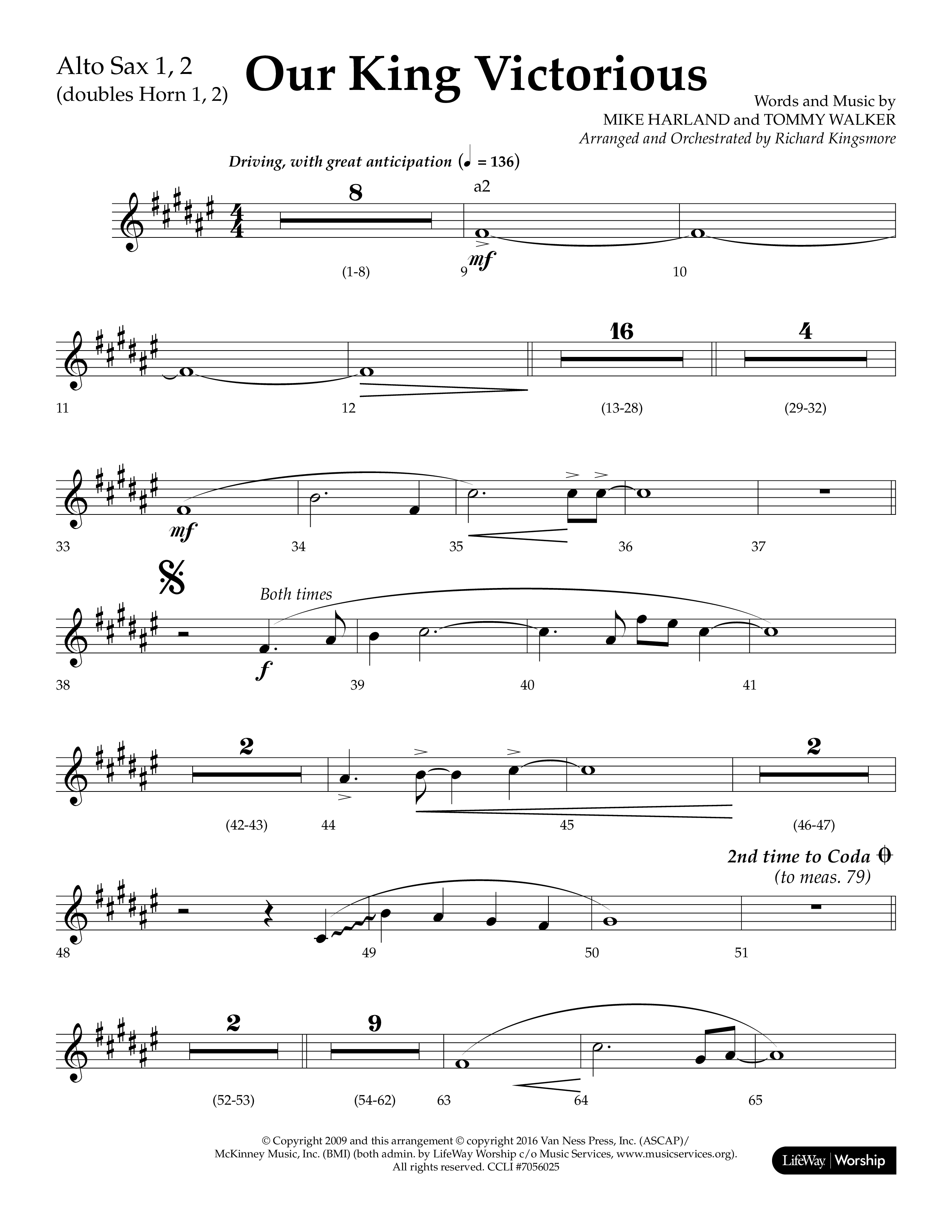 Our King Victorious (Choral Anthem SATB) Alto Sax 1/2 (Lifeway Choral / Arr. Richard Kingsmore)