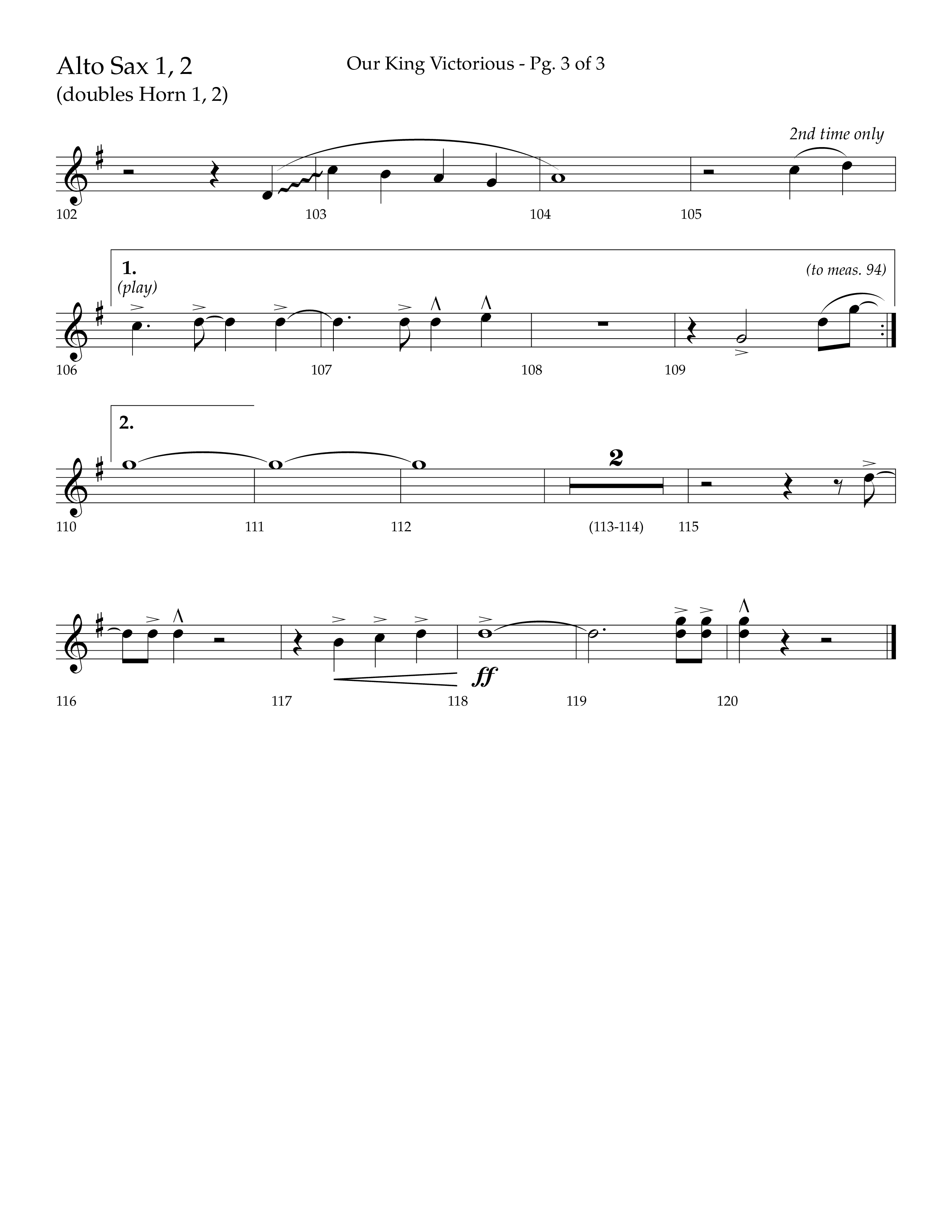 Our King Victorious (Choral Anthem SATB) Alto Sax 1/2 (Lifeway Choral / Arr. Richard Kingsmore)