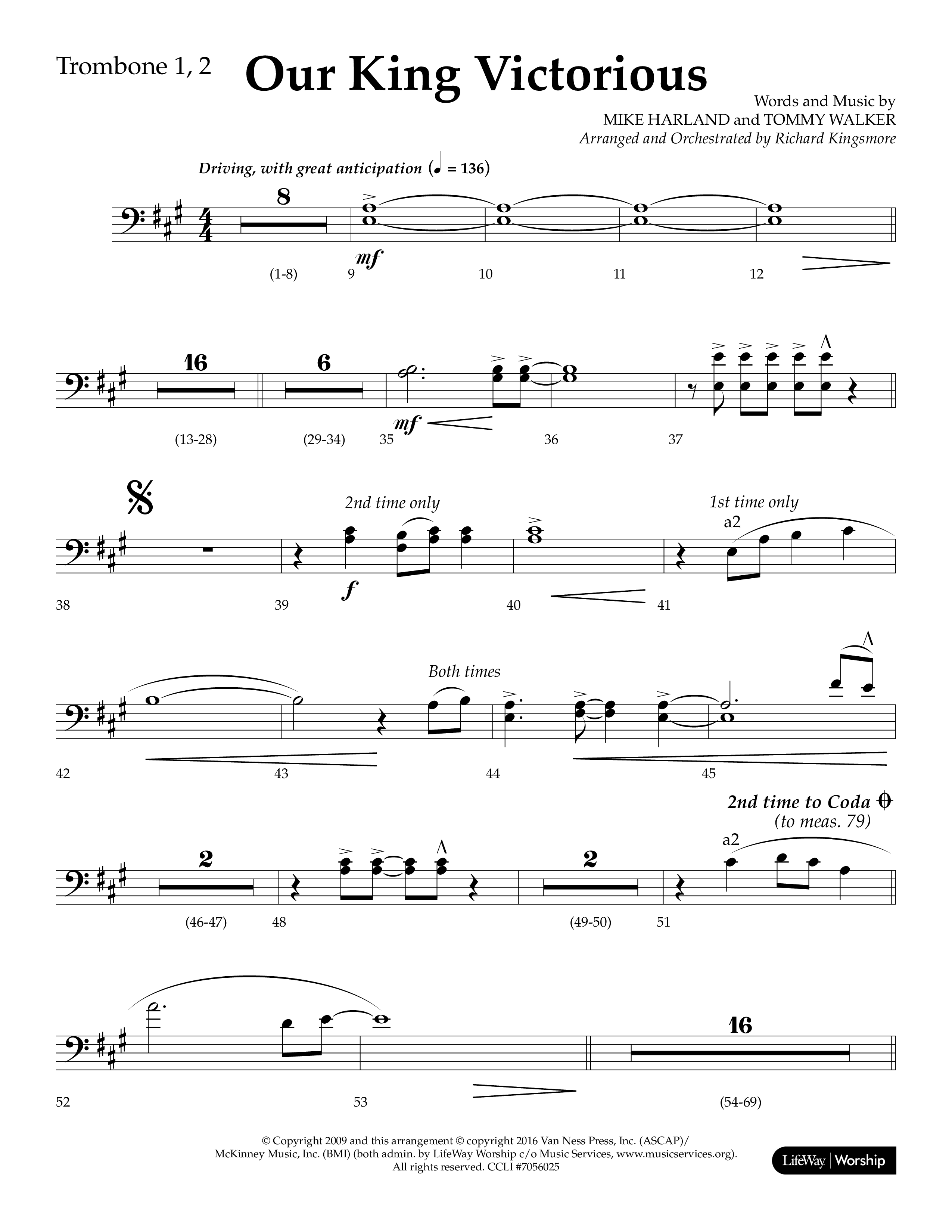 Our King Victorious (Choral Anthem SATB) Trombone 1/2 (Lifeway Choral / Arr. Richard Kingsmore)