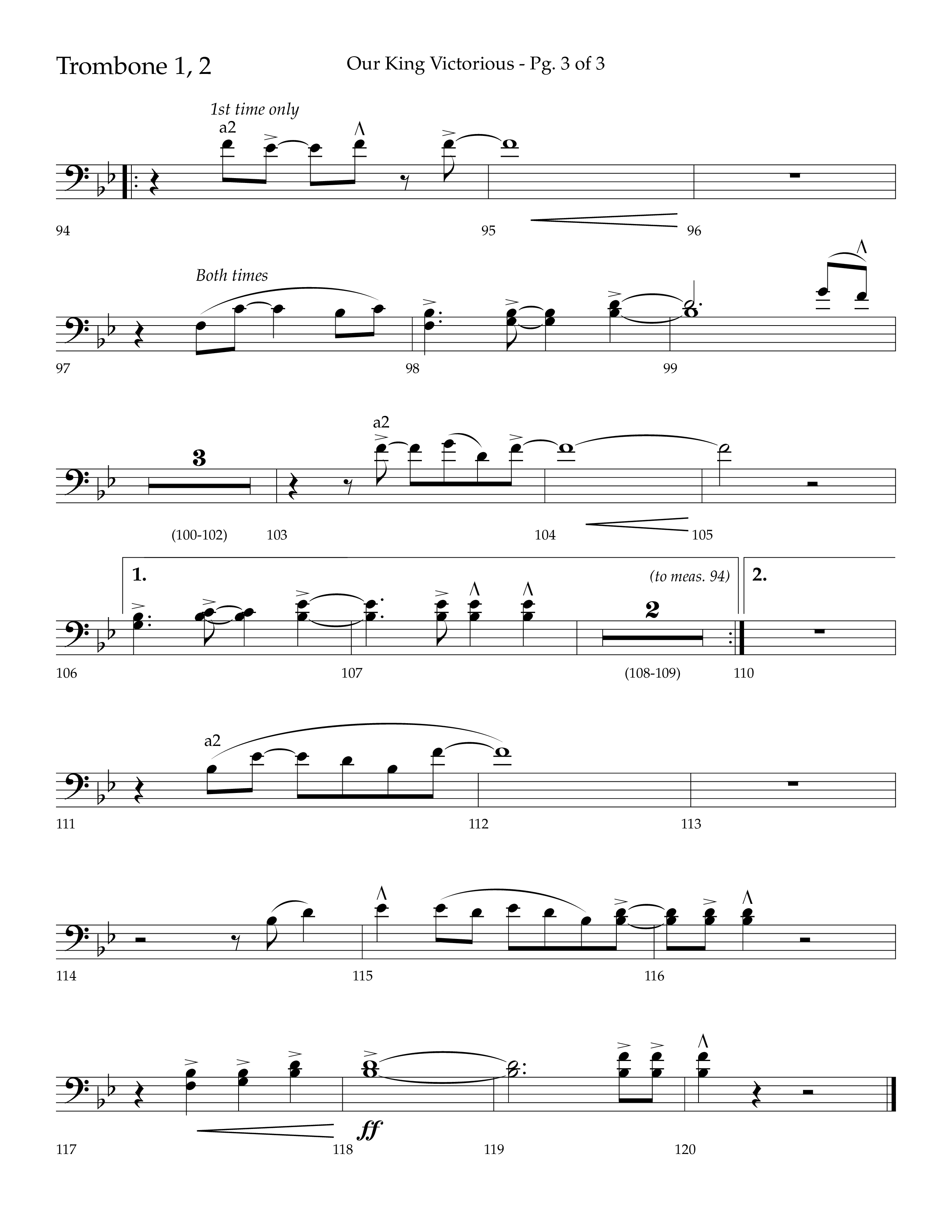 Our King Victorious (Choral Anthem SATB) Trombone 1/2 (Lifeway Choral / Arr. Richard Kingsmore)