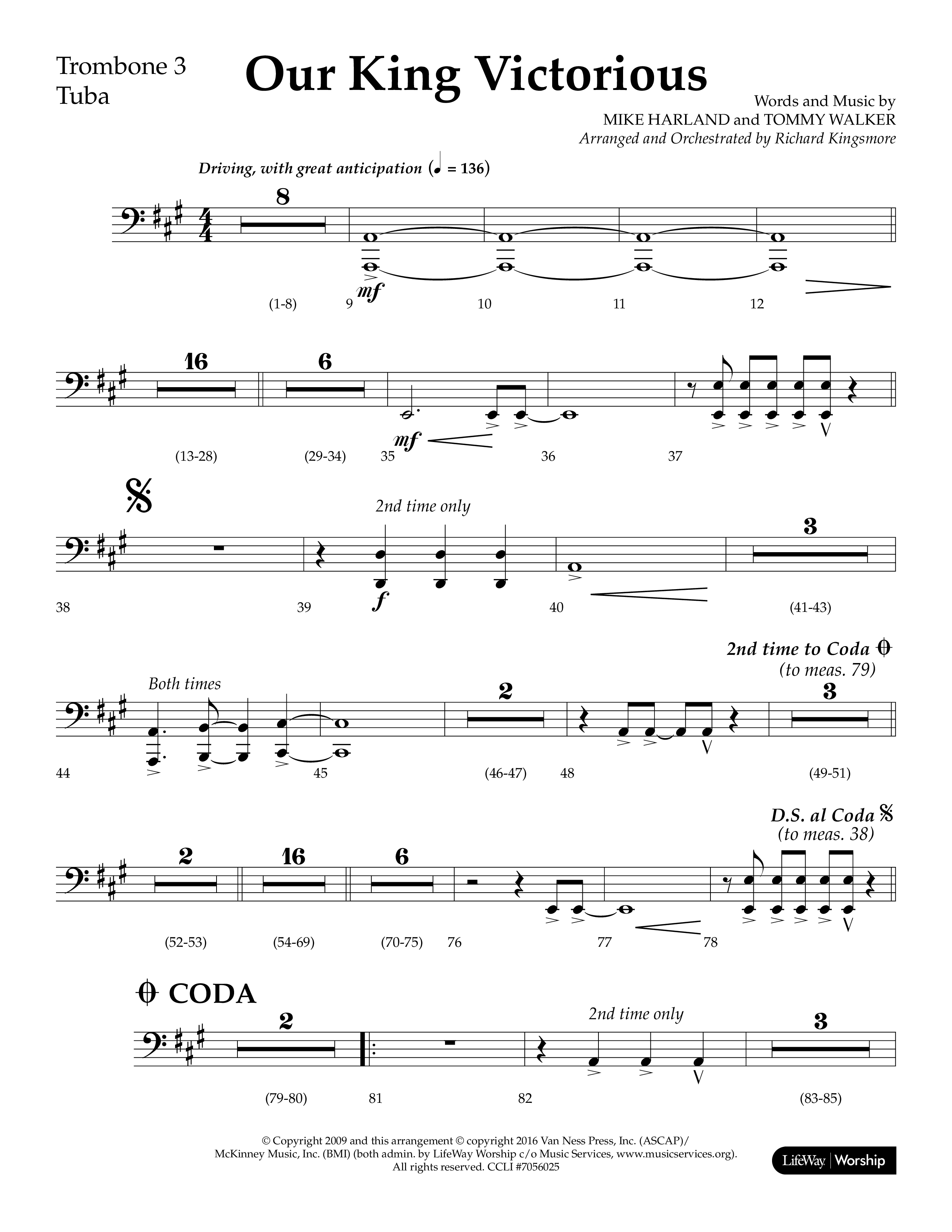 Our King Victorious (Choral Anthem SATB) Trombone 3/Tuba (Lifeway Choral / Arr. Richard Kingsmore)