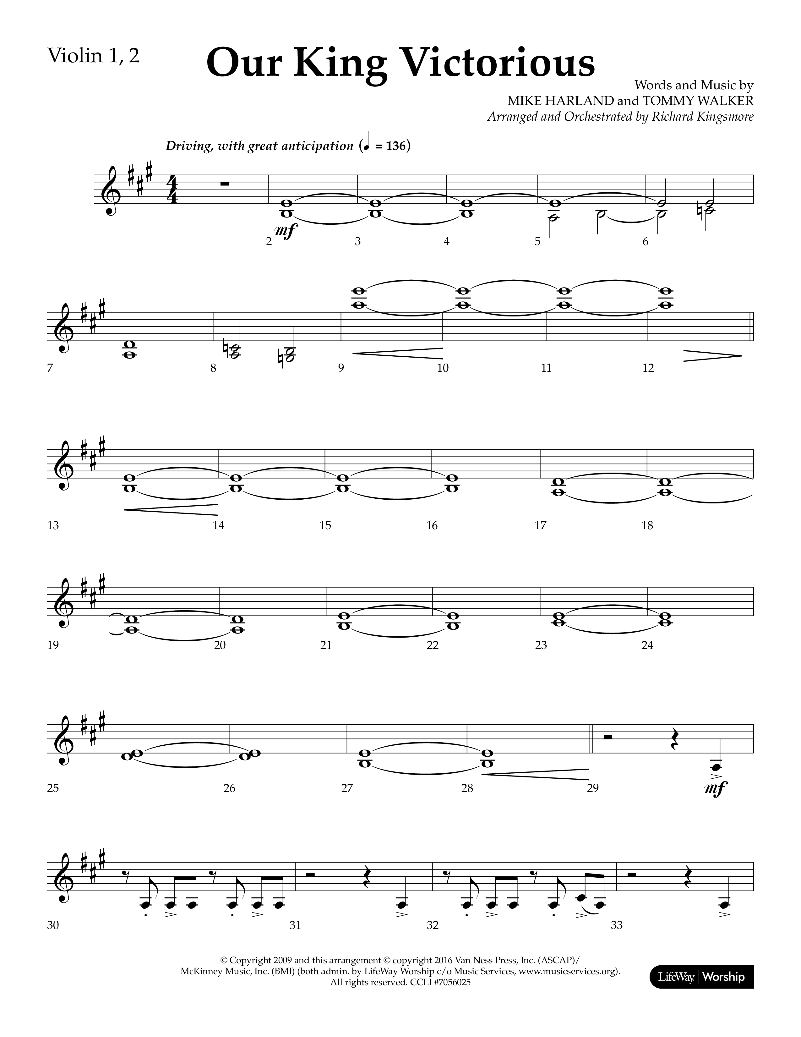 Our King Victorious (Choral Anthem SATB) Violin 1/2 (Lifeway Choral / Arr. Richard Kingsmore)