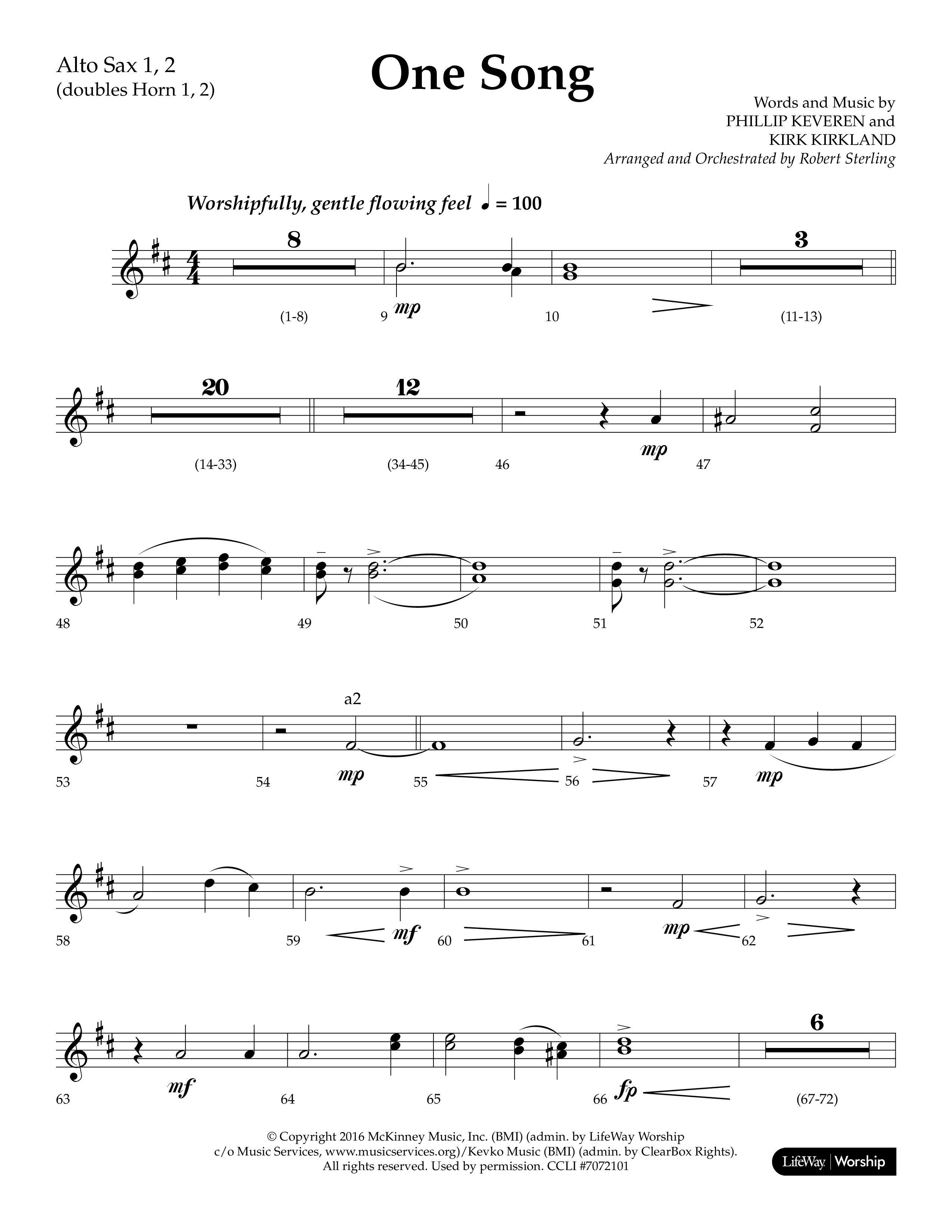 One Song (Choral Anthem SATB) Alto Sax 1/2 (Lifeway Choral / Arr. Robert Sterling)