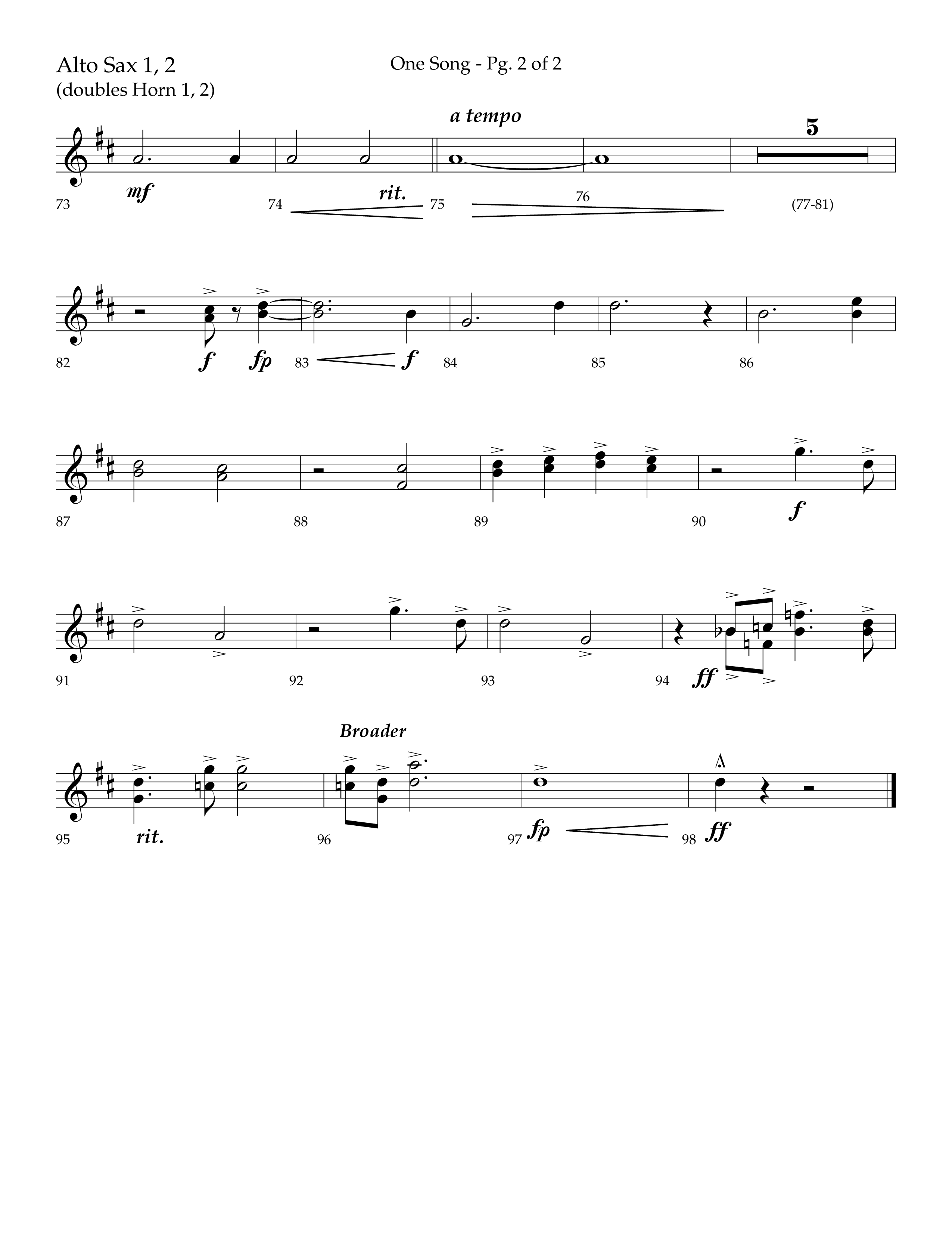 One Song (Choral Anthem SATB) Alto Sax 1/2 (Lifeway Choral / Arr. Robert Sterling)