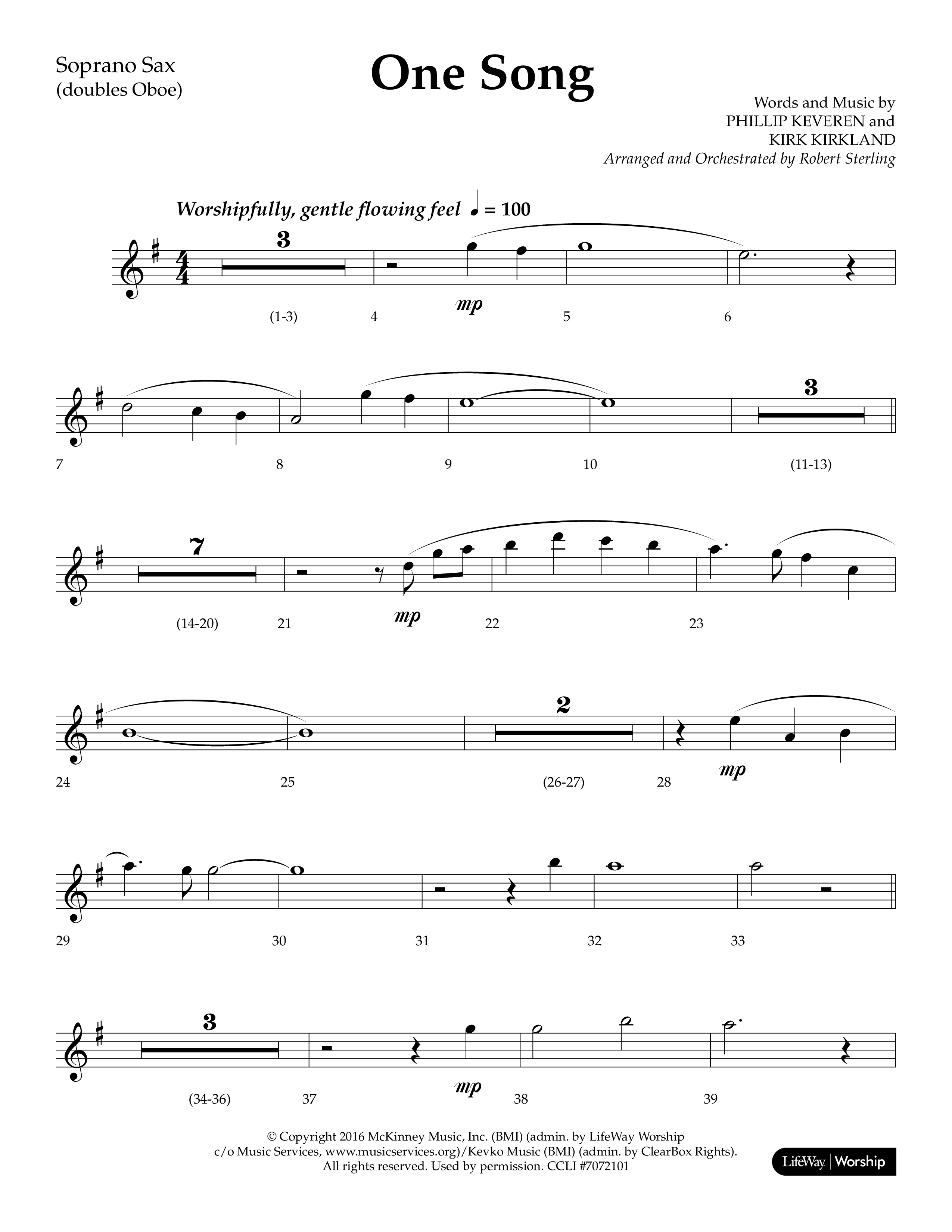 One Song (Choral Anthem SATB) Soprano Sax (Lifeway Choral / Arr. Robert Sterling)