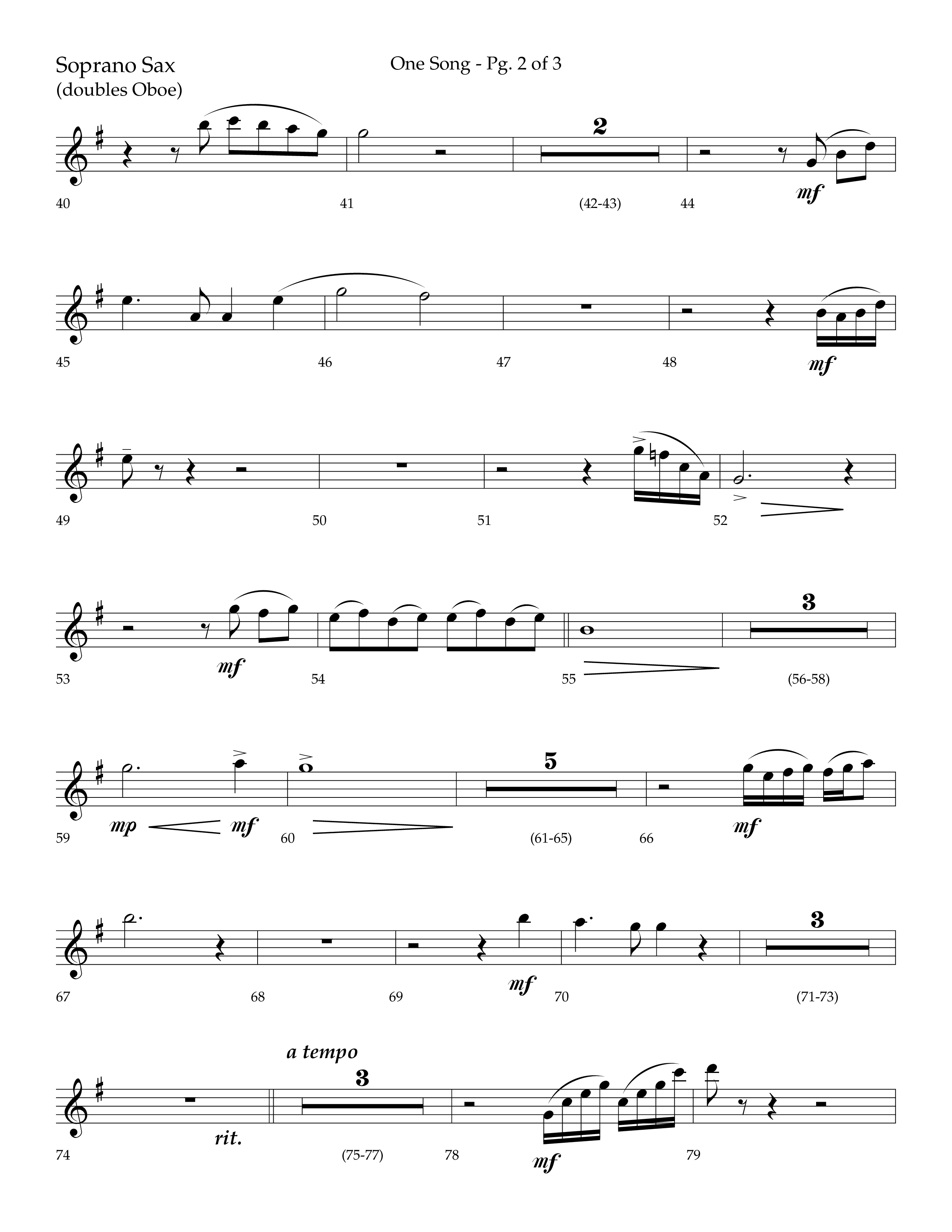 One Song (Choral Anthem SATB) Soprano Sax (Lifeway Choral / Arr. Robert Sterling)