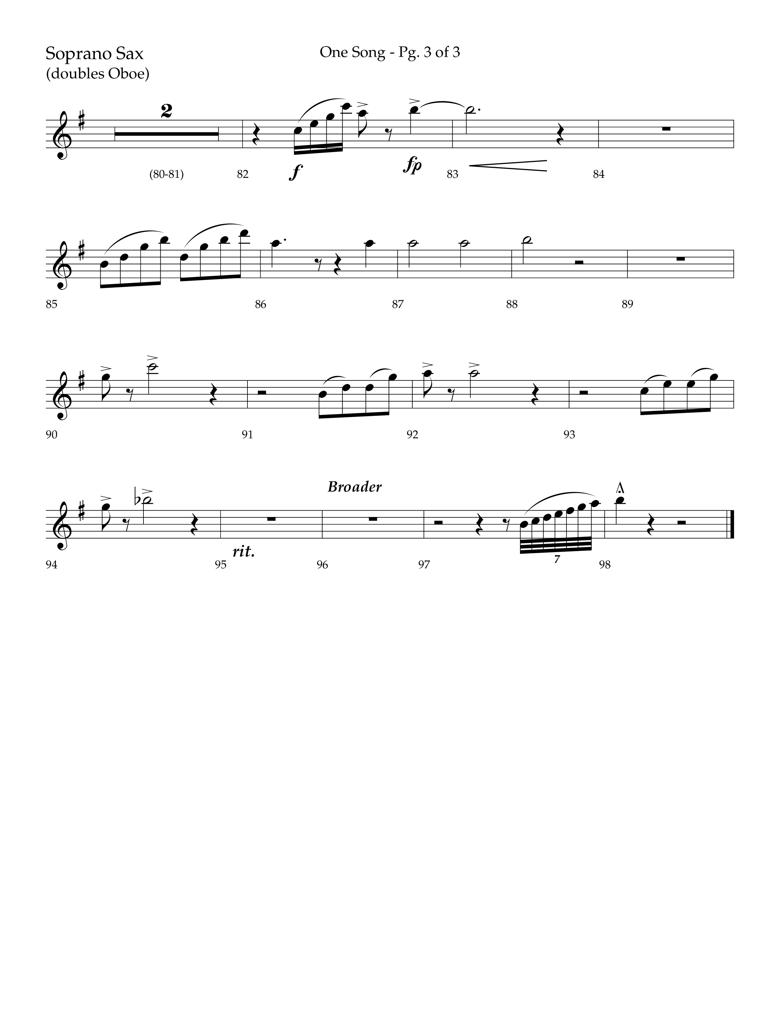 One Song (Choral Anthem SATB) Soprano Sax (Lifeway Choral / Arr. Robert Sterling)