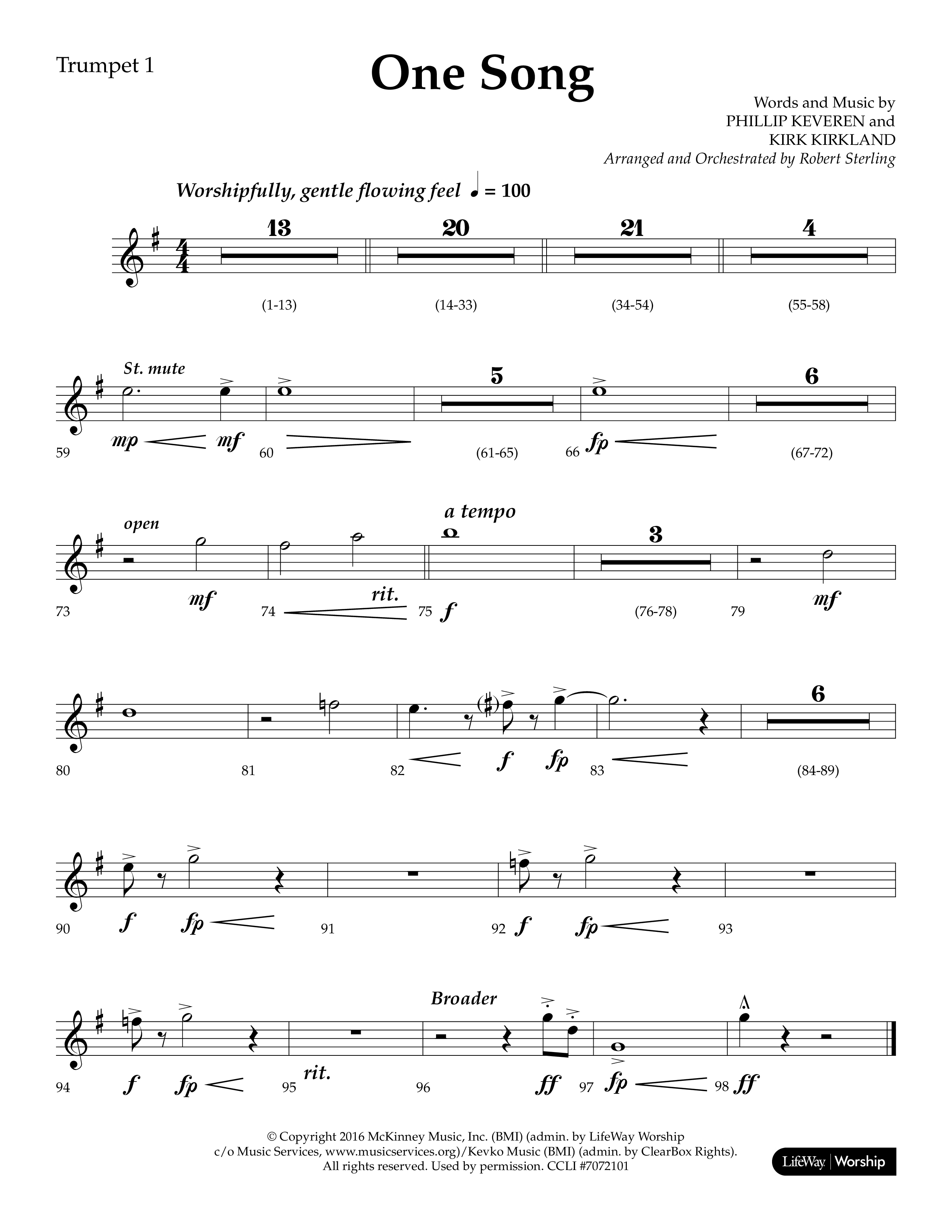 One Song (Choral Anthem SATB) Trumpet 1 (Lifeway Choral / Arr. Robert Sterling)