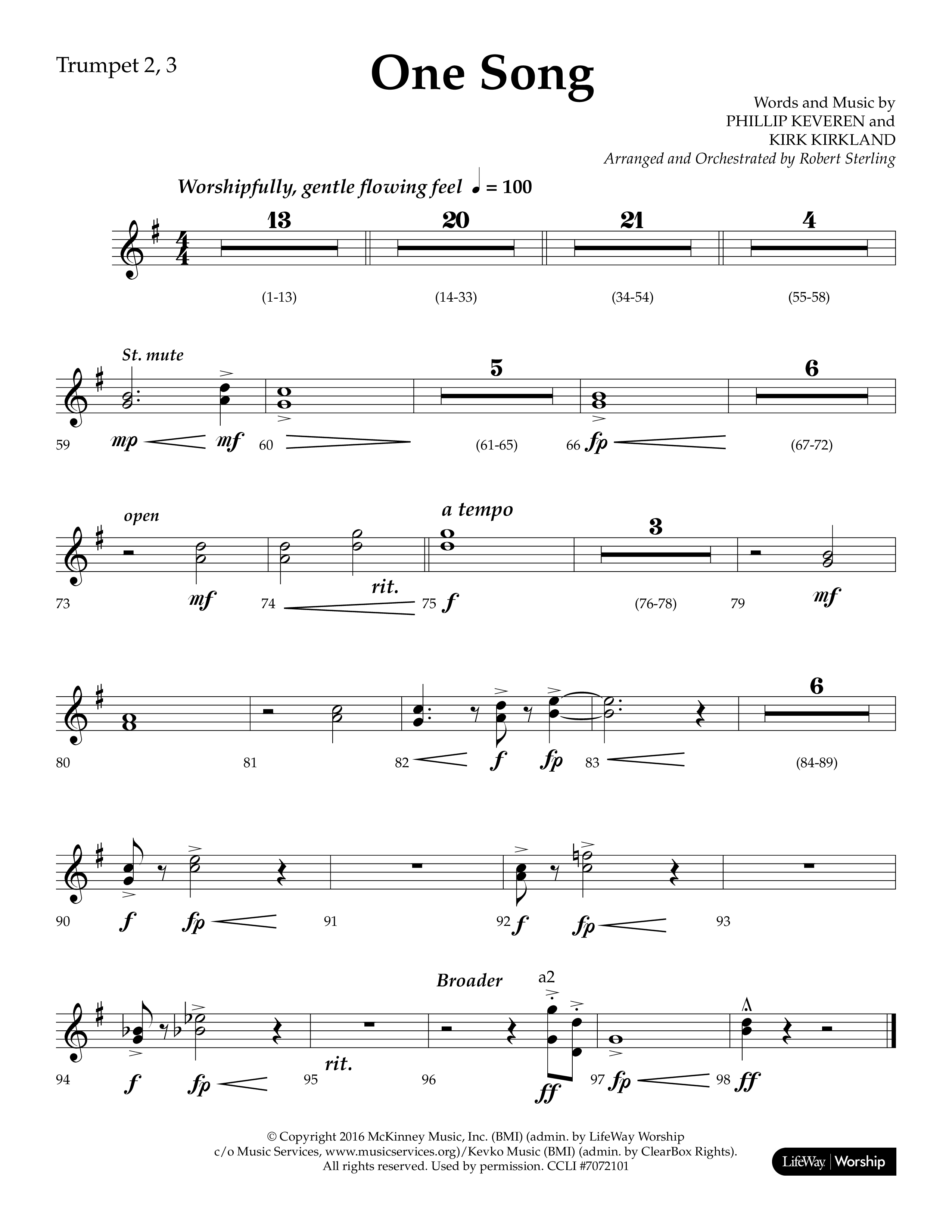 One Song (Choral Anthem SATB) Trumpet 2/3 (Lifeway Choral / Arr. Robert Sterling)