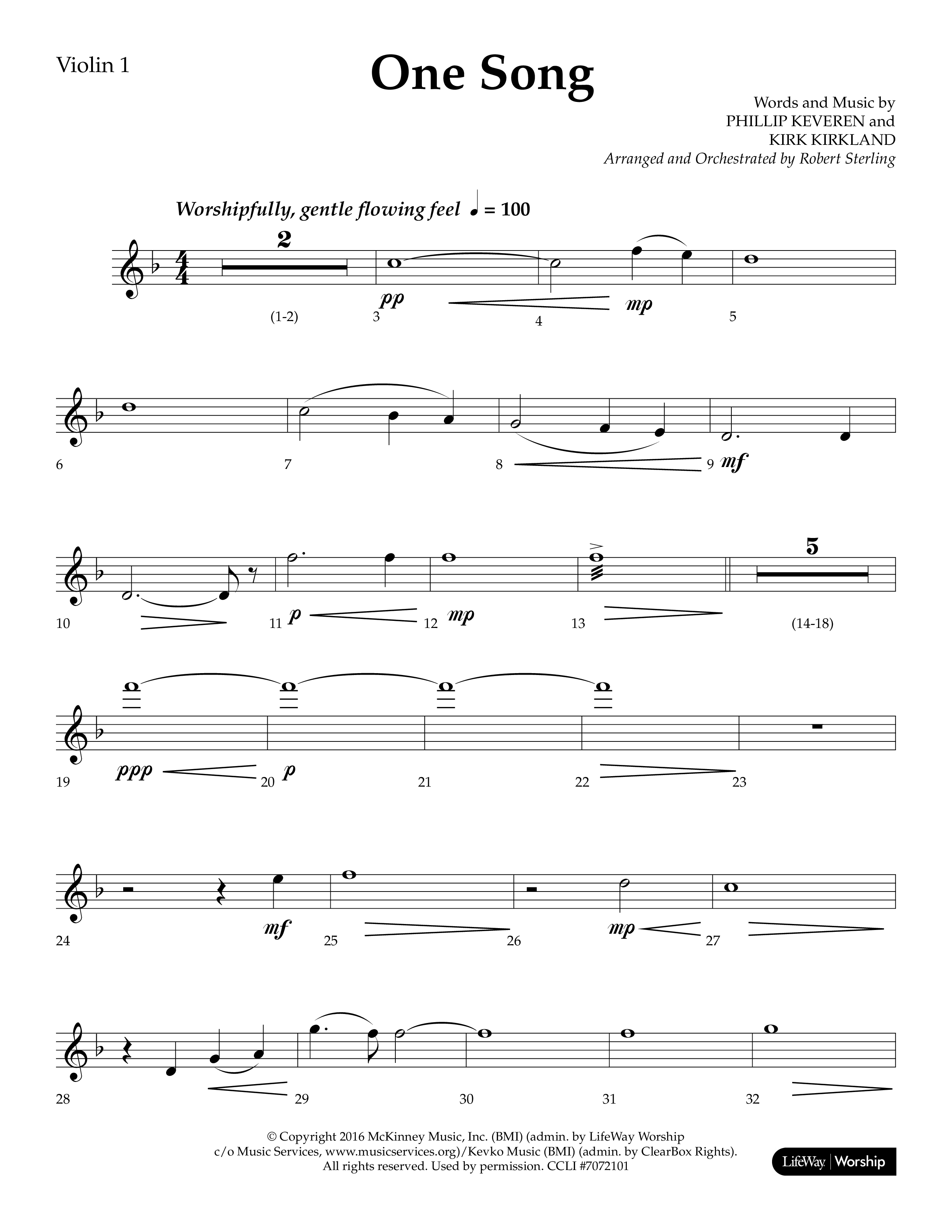 One Song (Choral Anthem SATB) Violin 1 (Lifeway Choral / Arr. Robert Sterling)