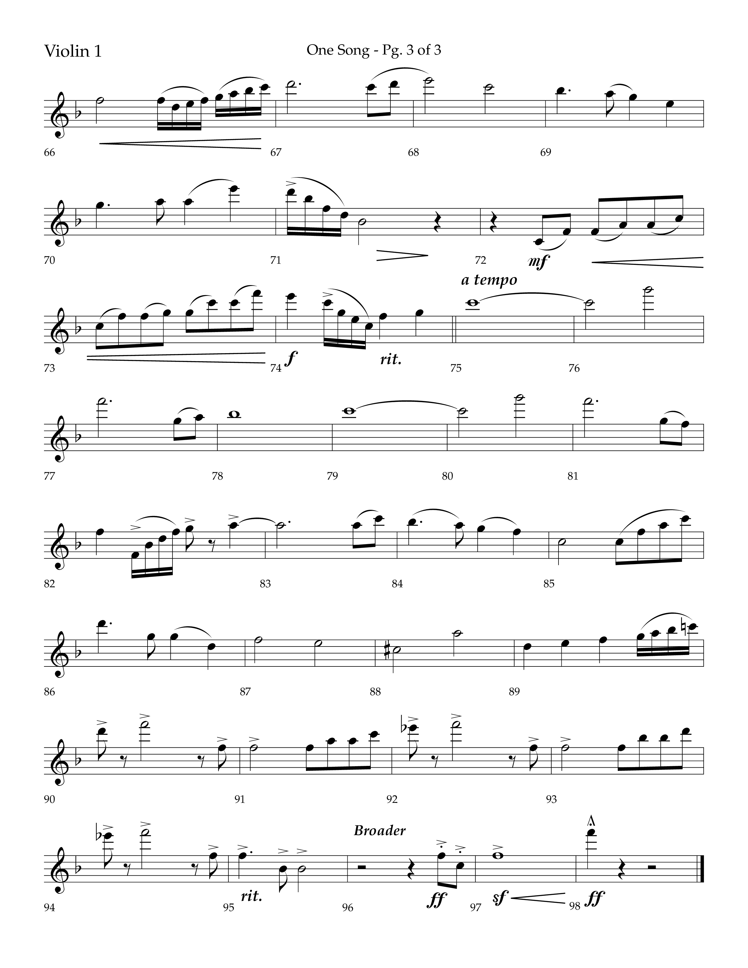 One Song (Choral Anthem SATB) Violin 1 (Lifeway Choral / Arr. Robert Sterling)