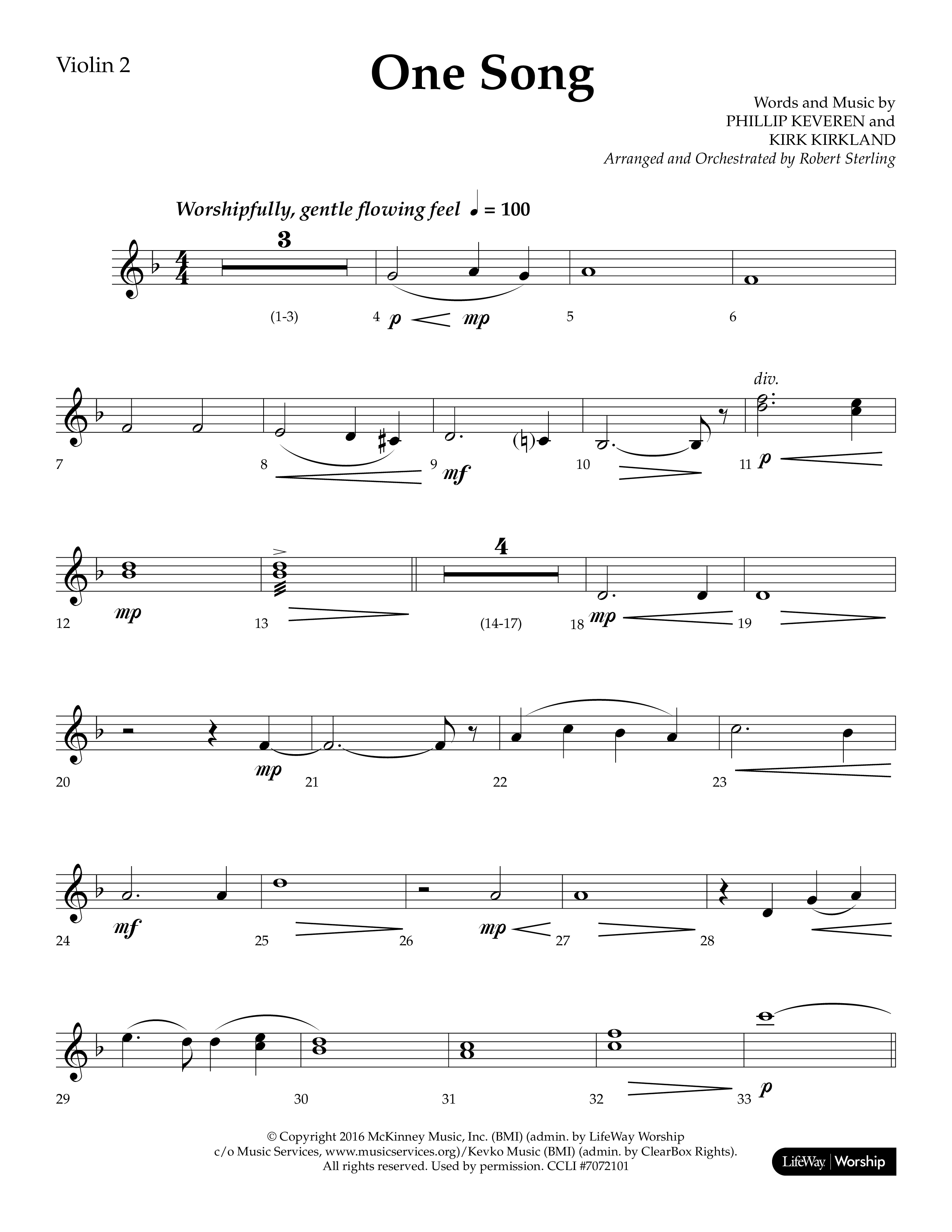 One Song (Choral Anthem SATB) Violin 2 (Lifeway Choral / Arr. Robert Sterling)