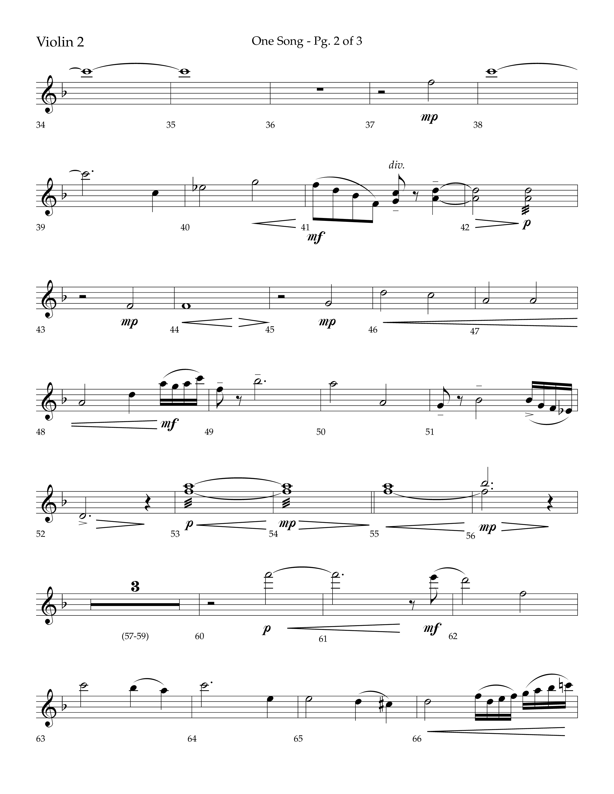 One Song (Choral Anthem SATB) Violin 2 (Lifeway Choral / Arr. Robert Sterling)