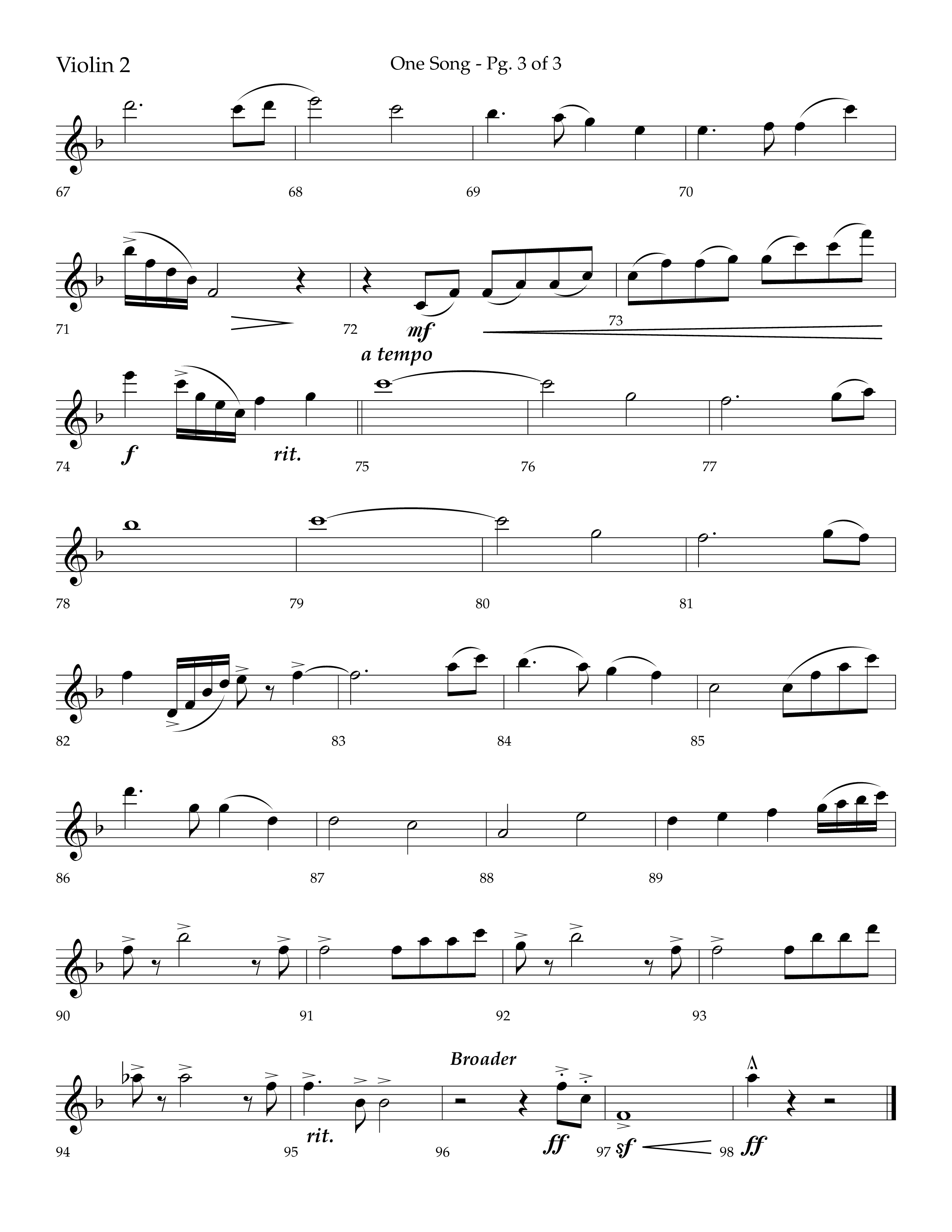 One Song (Choral Anthem SATB) Violin 2 (Lifeway Choral / Arr. Robert Sterling)