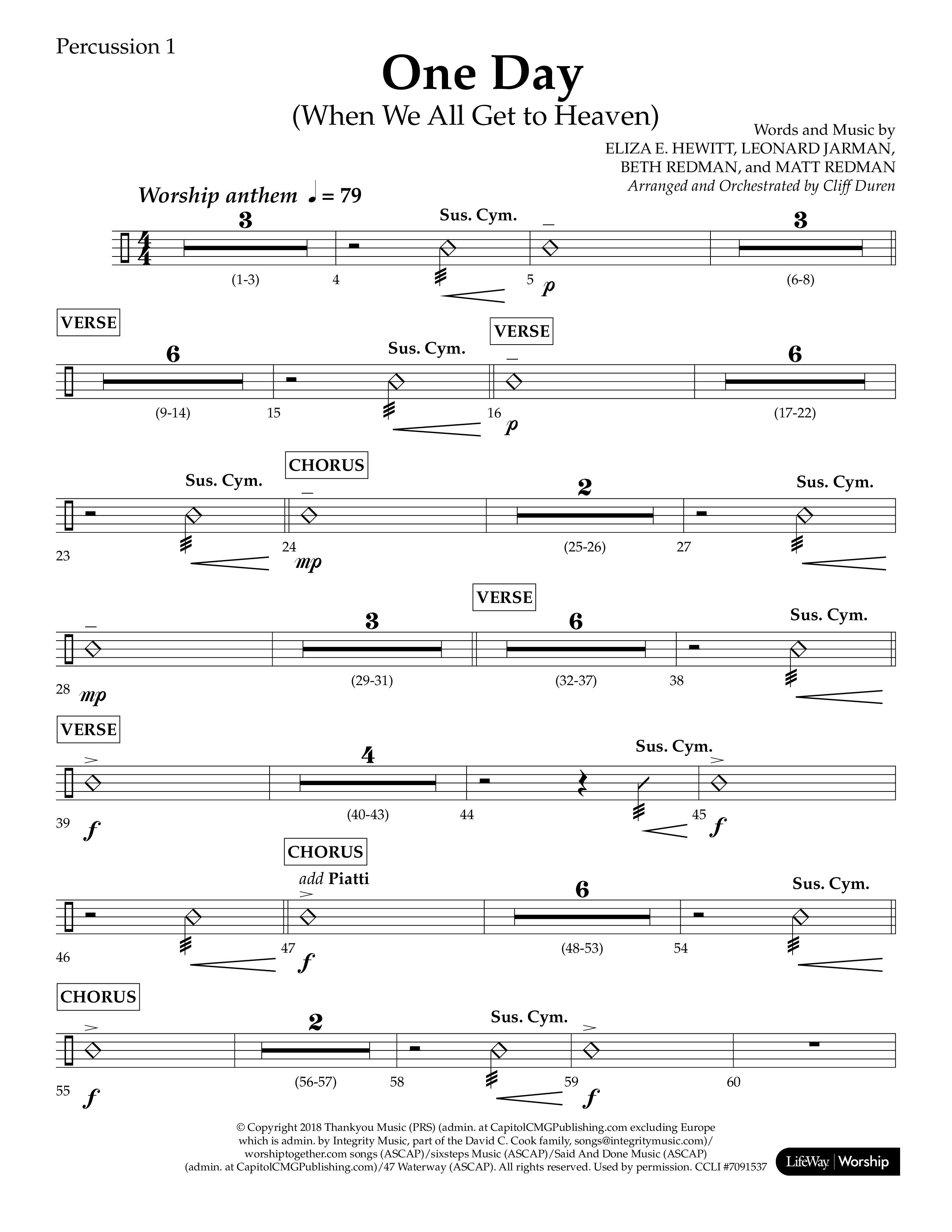 One Day (When We All Get To Heaven) (Choral Anthem SATB) Percussion 1/2 (Lifeway Choral / Arr. Cliff Duren)
