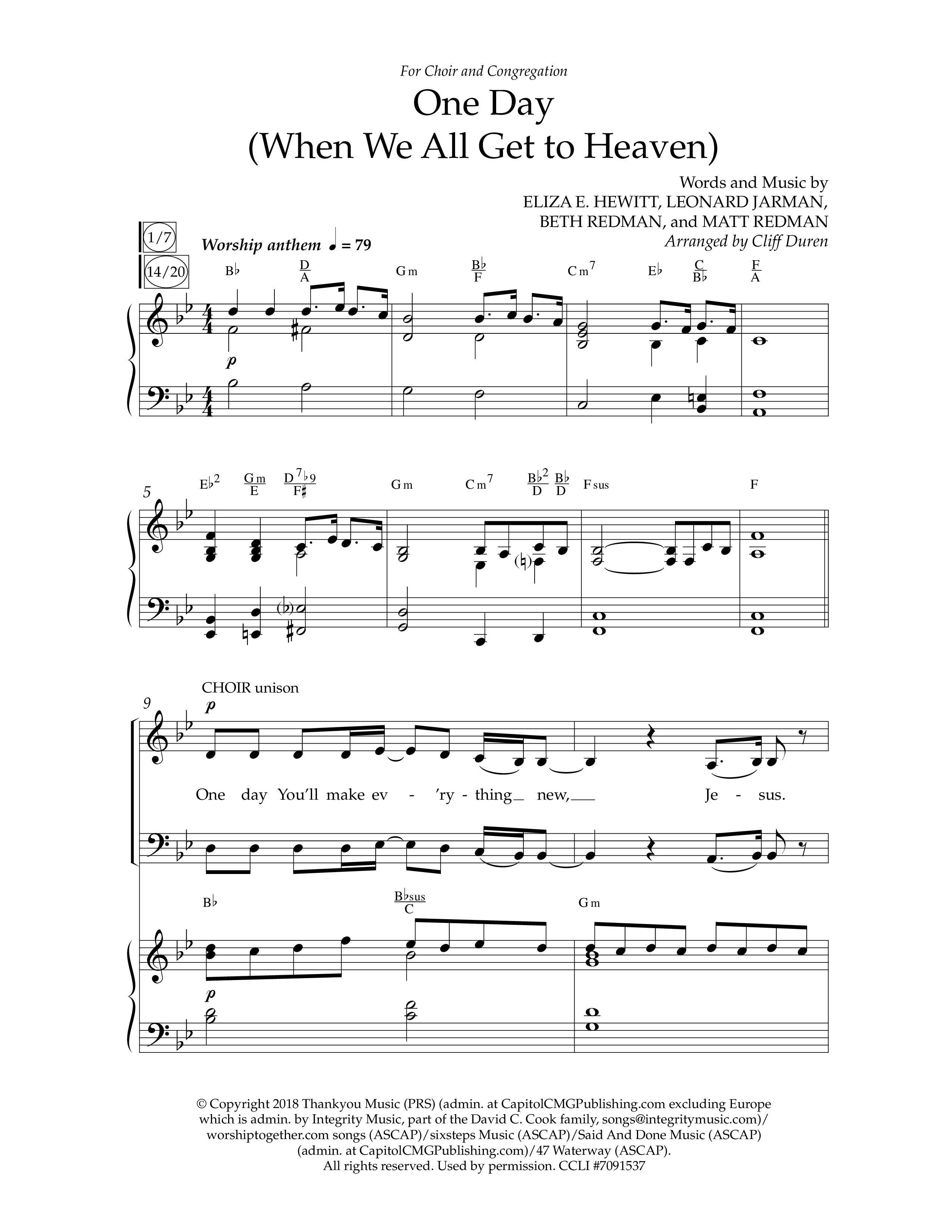 One Day (When We All Get To Heaven) (Choral Anthem SATB) Anthem (SATB/Piano) (Lifeway Choral / Arr. Cliff Duren)