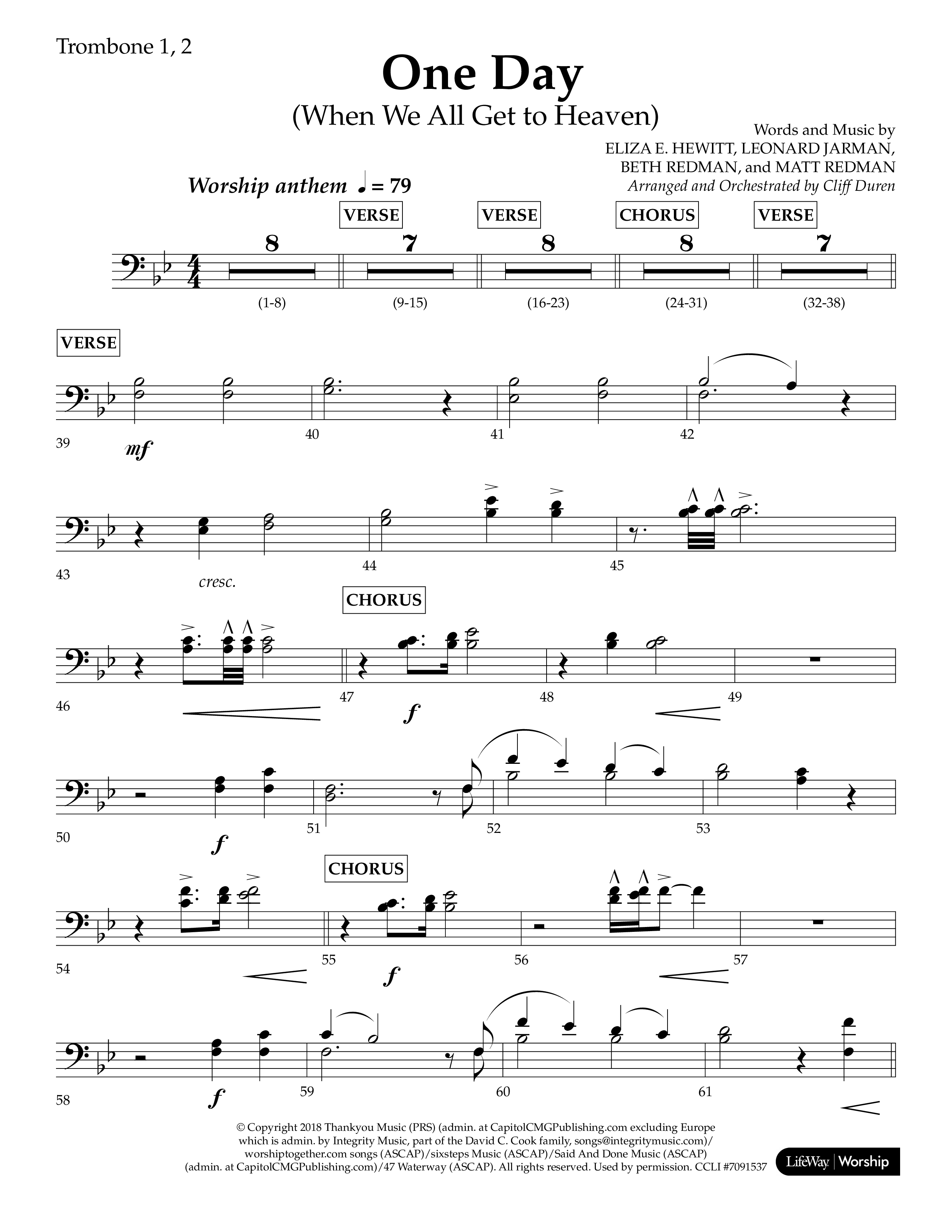 One Day (When We All Get To Heaven) (Choral Anthem SATB) Trombone 1/2 (Lifeway Choral / Arr. Cliff Duren)