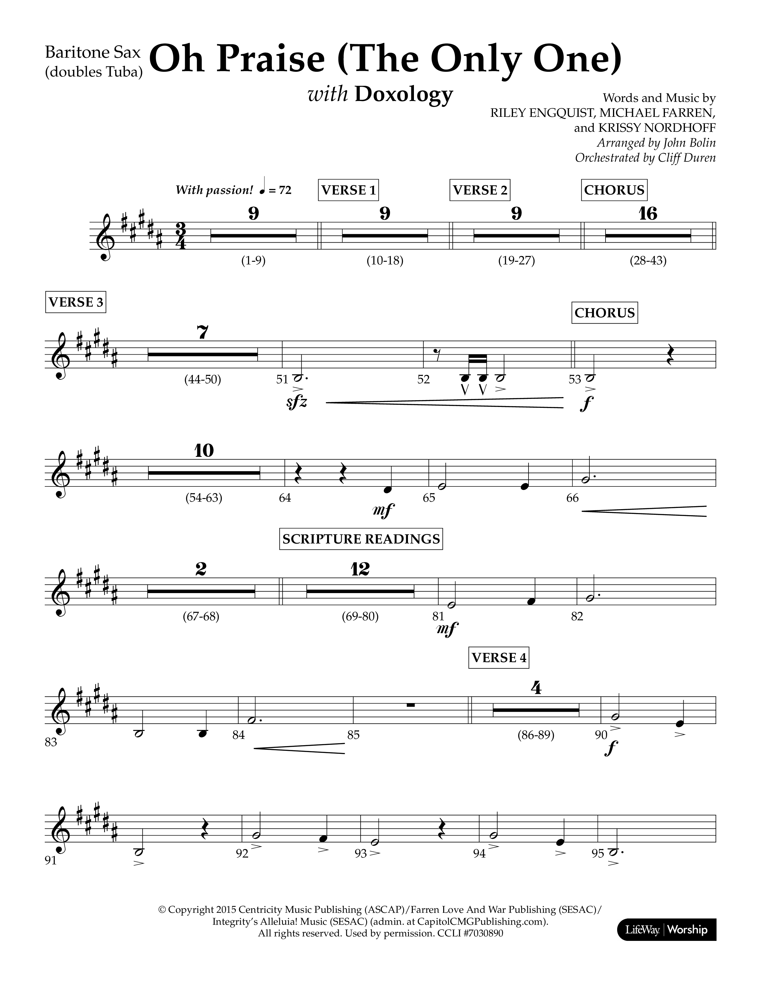 Oh Praise (The Only One) with Doxology (Choral Anthem SATB) Bari Sax (Lifeway Choral / Arr. John Bolin / Orch. Cliff Duren)