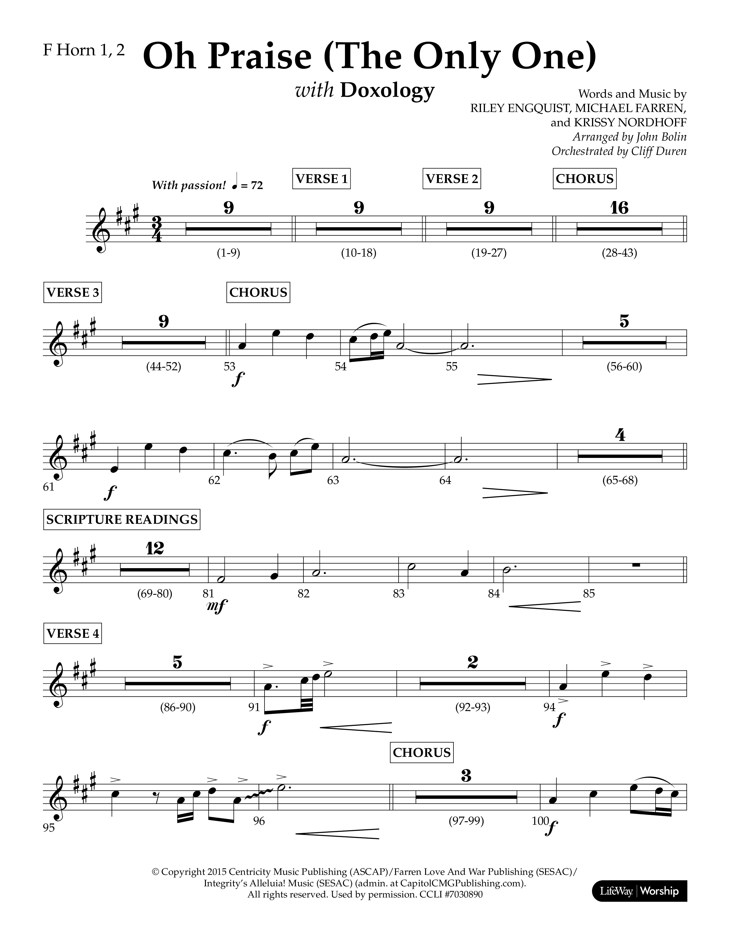 Oh Praise (The Only One) with Doxology (Choral Anthem SATB) French Horn 1/2 (Lifeway Choral / Arr. John Bolin / Orch. Cliff Duren)