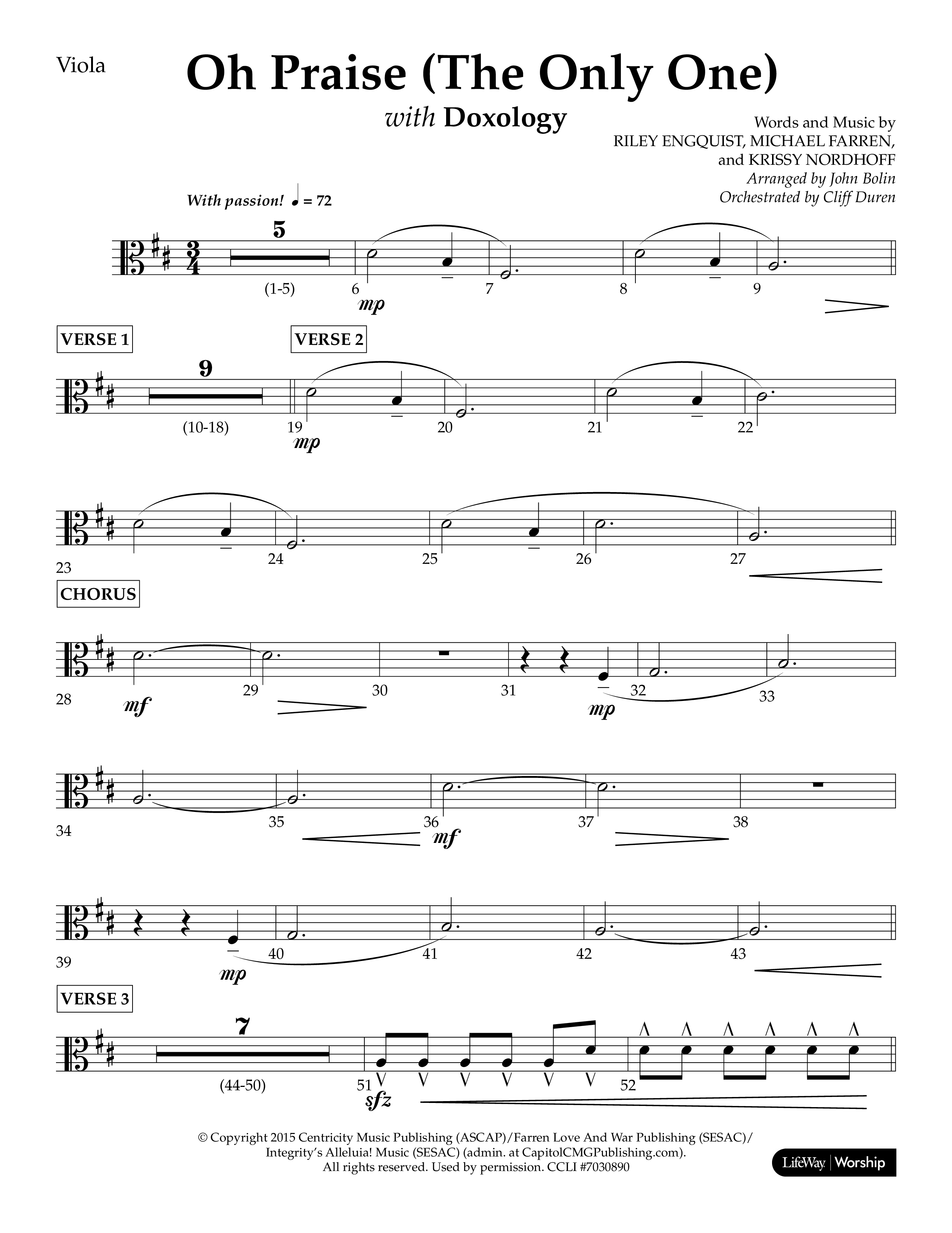 Oh Praise (The Only One) with Doxology (Choral Anthem SATB) Viola (Lifeway Choral / Arr. John Bolin / Orch. Cliff Duren)