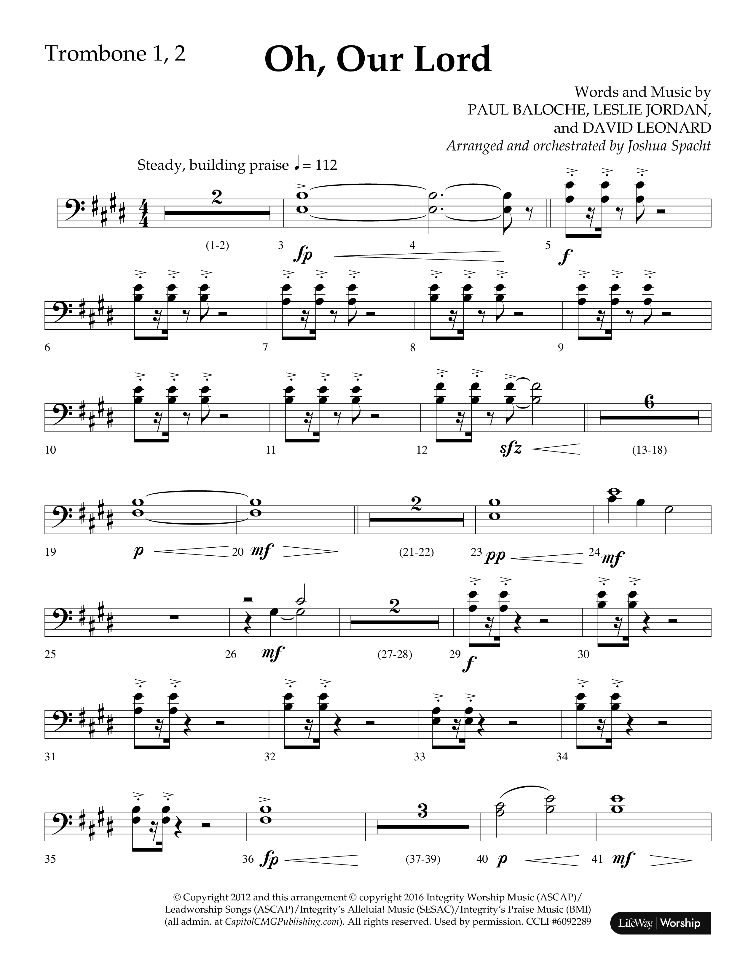 Oh Our Lord (Choral Anthem SATB) Trombone 1/2 (Lifeway Choral / Arr. Joshua Spacht)