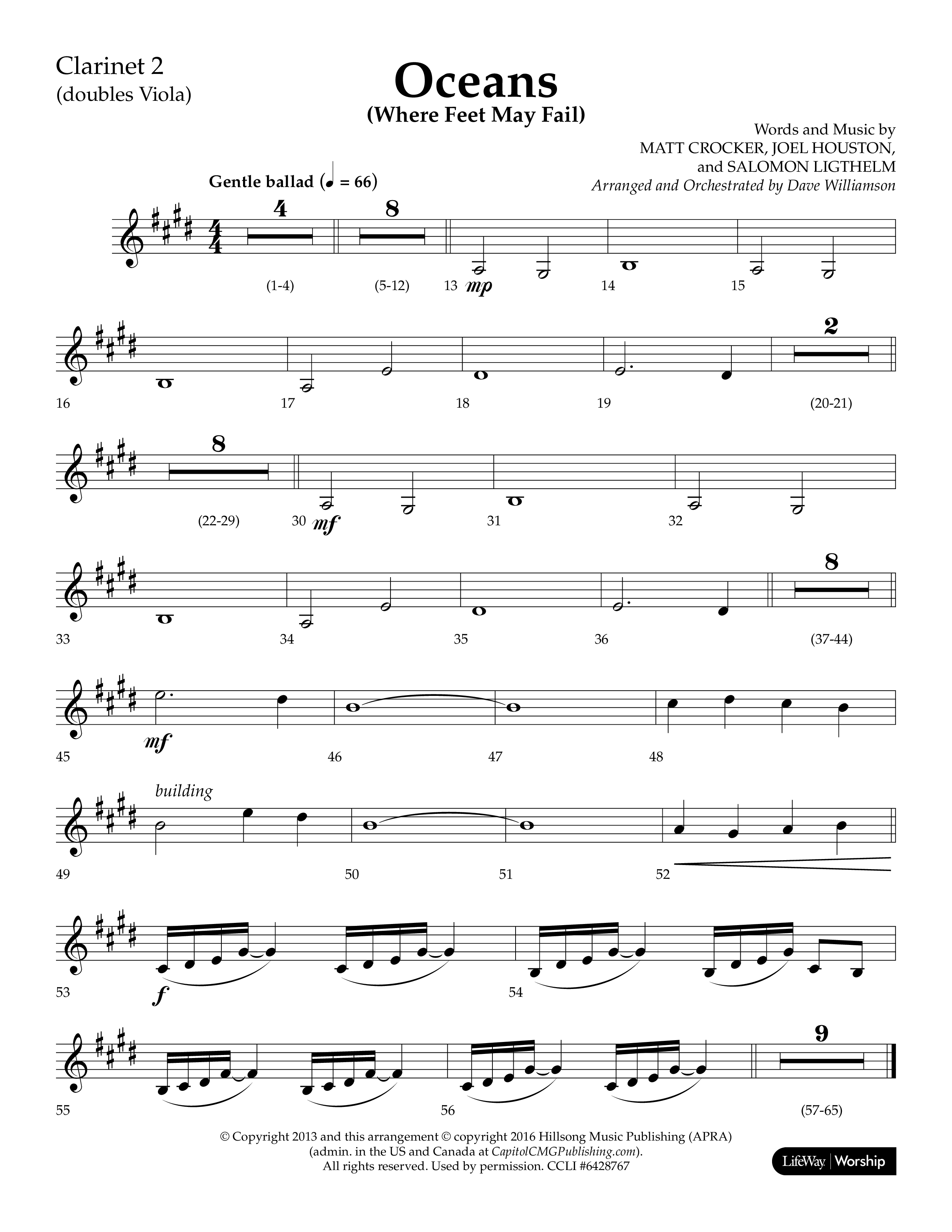 Oceans (Where Feet May Fail) (Choral Anthem SATB) Clarinet 1/2 (Lifeway Choral / Arr. Dave Williamson)