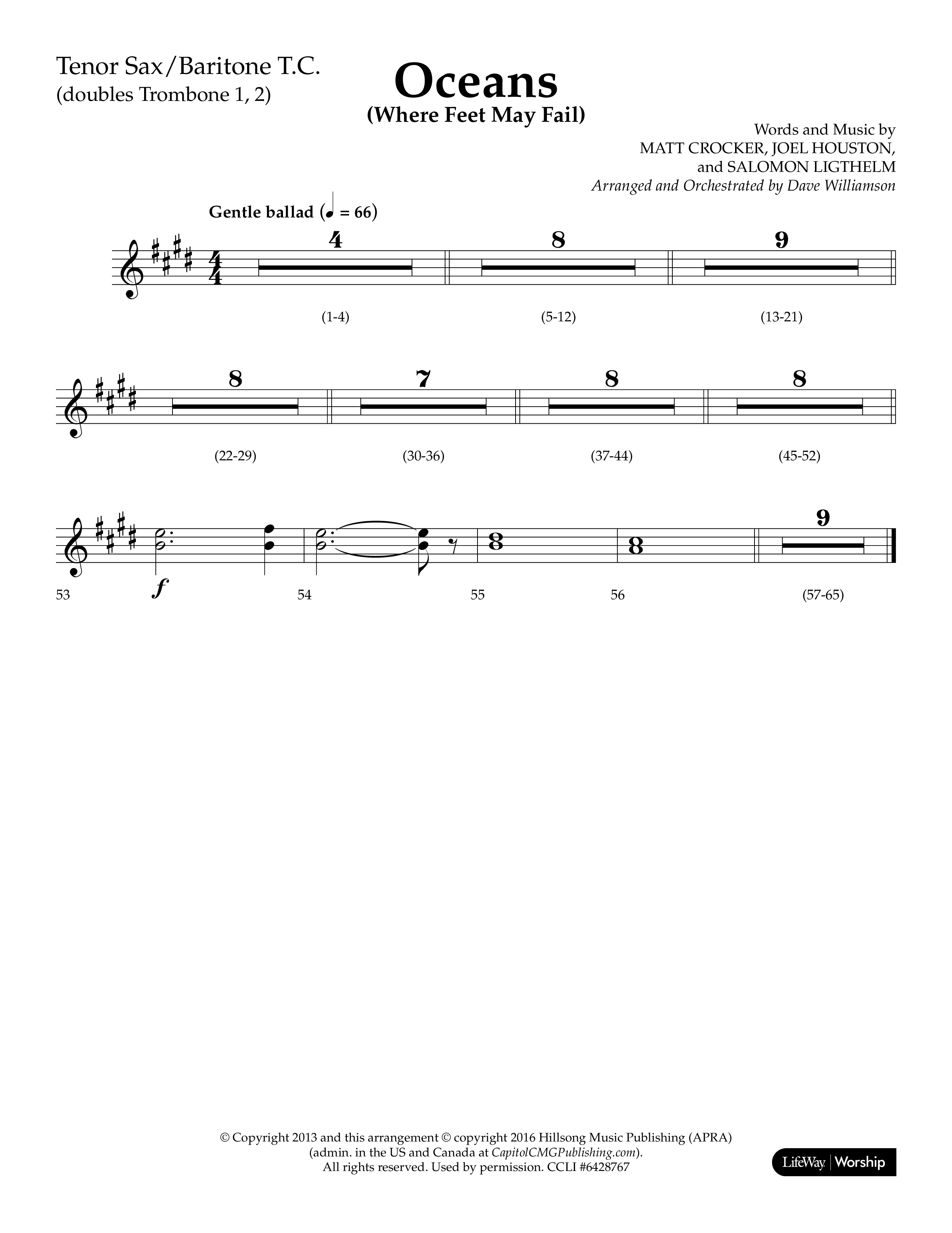 Oceans (Where Feet May Fail) (Choral Anthem SATB) Tenor Sax/Baritone T.C. (Lifeway Choral / Arr. Dave Williamson)