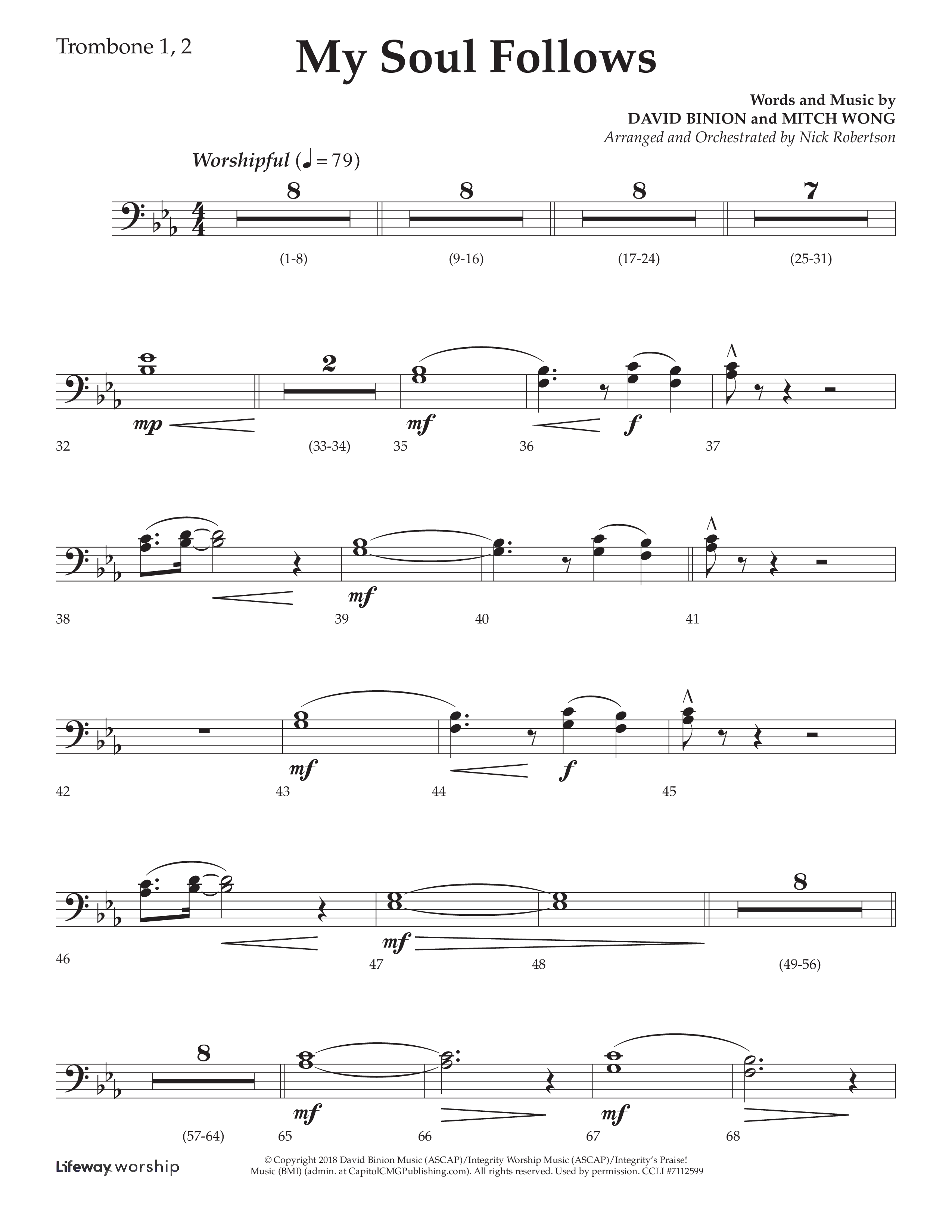 My Soul Follows (Choral Anthem SATB) Trombone 1/2 (Lifeway Choral / Arr. Nick Robertson)