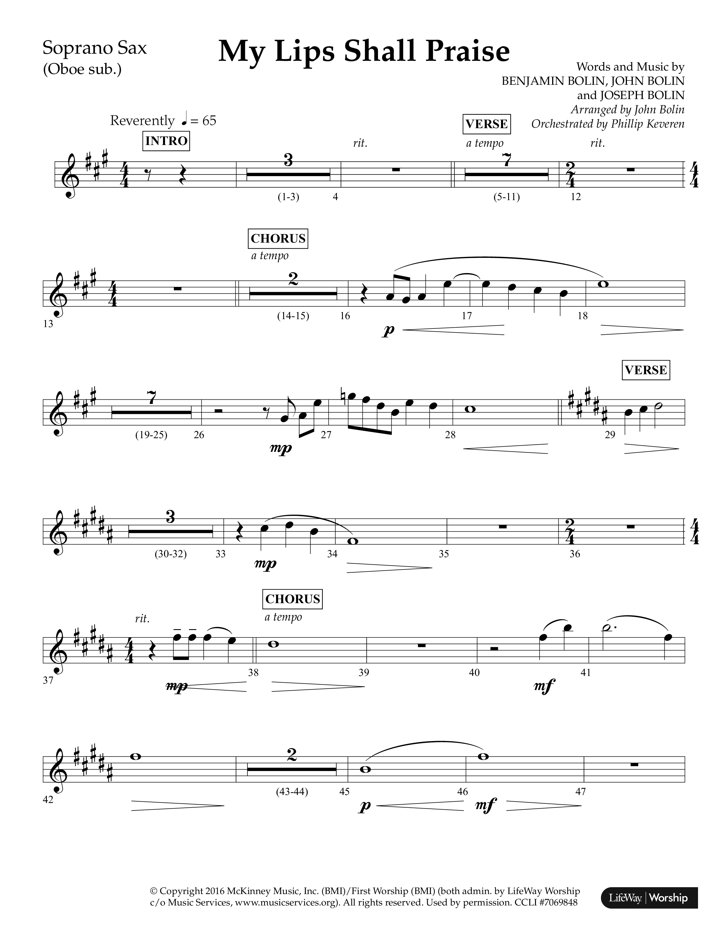 My Lips Shall Praise (Choral Anthem SATB) Soprano Sax (Lifeway Choral / Arr. John Bolin / Orch. Phillip Keveren)