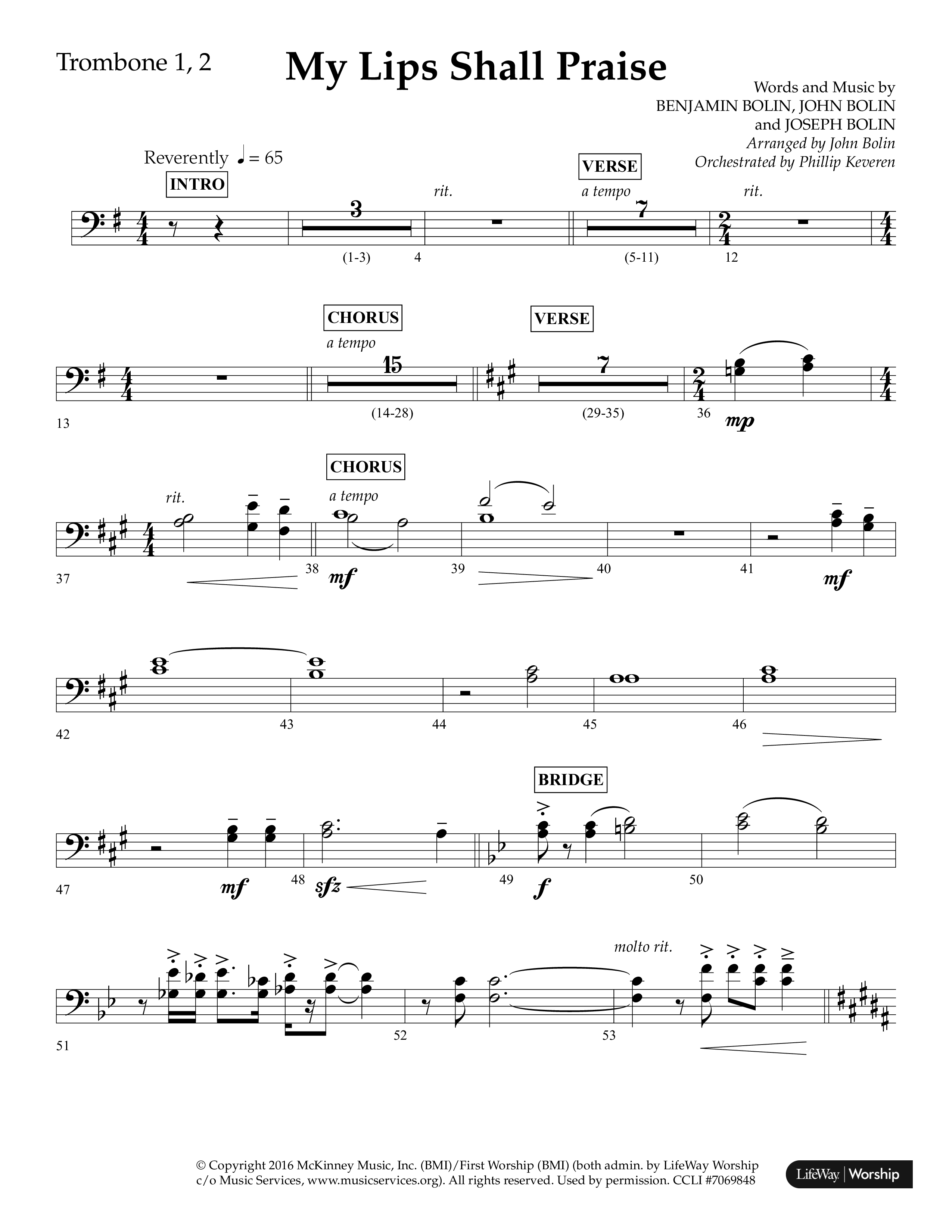 My Lips Shall Praise (Choral Anthem SATB) Trombone 1/2 (Lifeway Choral / Arr. John Bolin / Orch. Phillip Keveren)