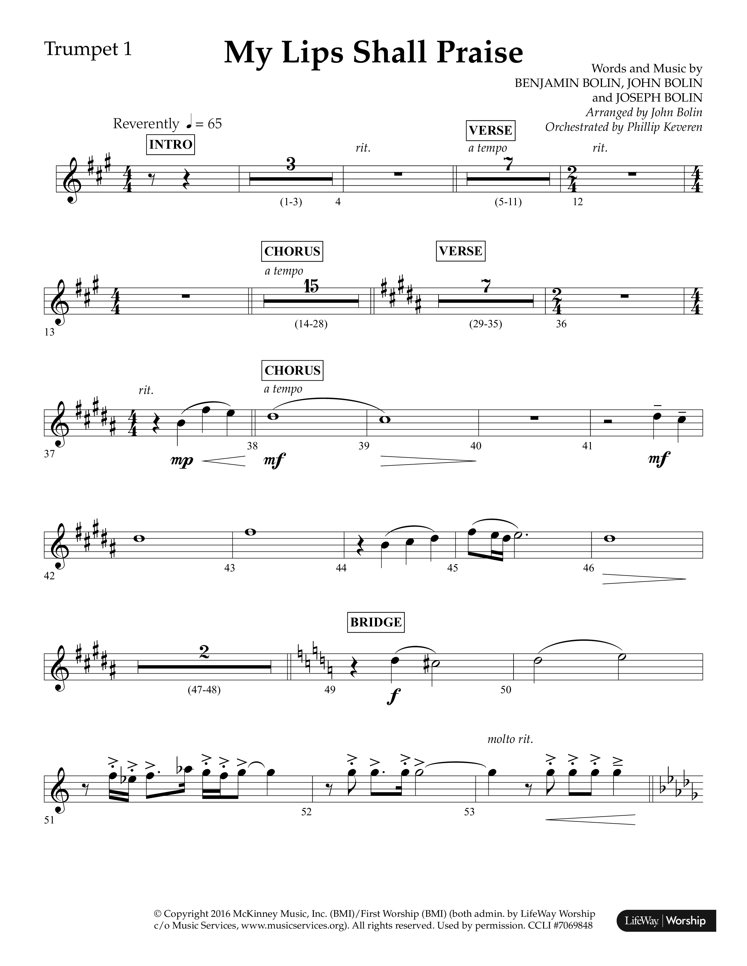 My Lips Shall Praise (Choral Anthem SATB) Trumpet 1 (Lifeway Choral / Arr. John Bolin / Orch. Phillip Keveren)