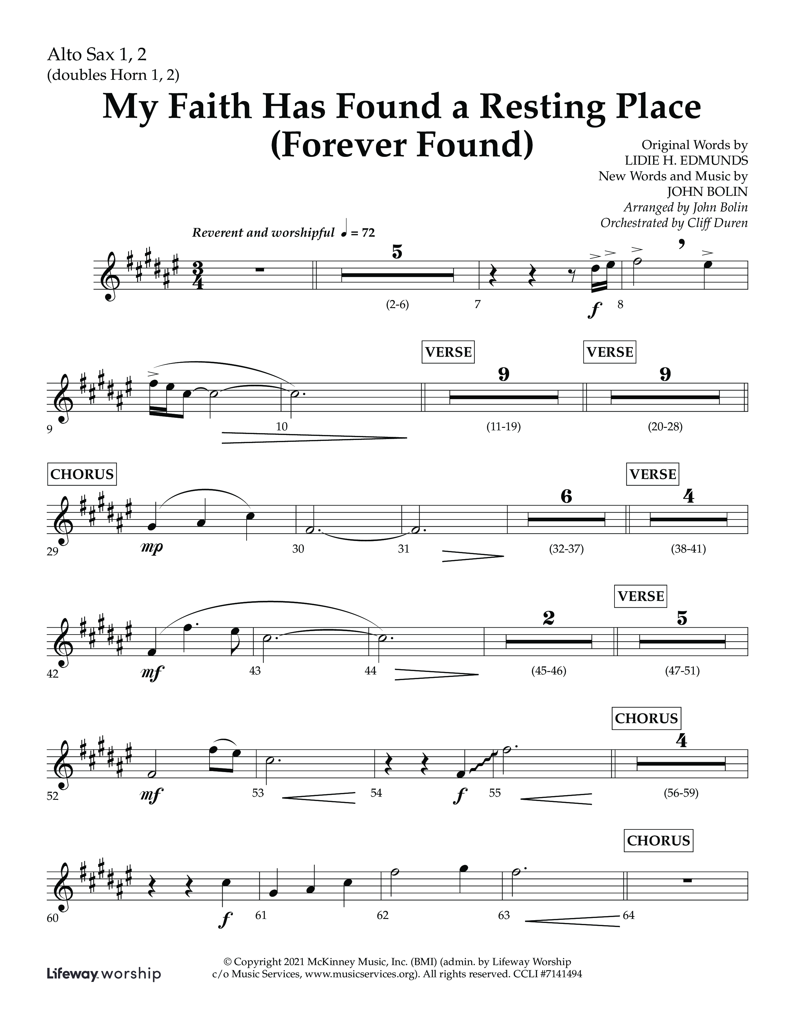 My Faith Has Found a Resting Place (Forever Found) (Choral Anthem SATB) Alto Sax 1/2 (Lifeway Choral / Arr. John Bolin / Orch. Cliff Duren)