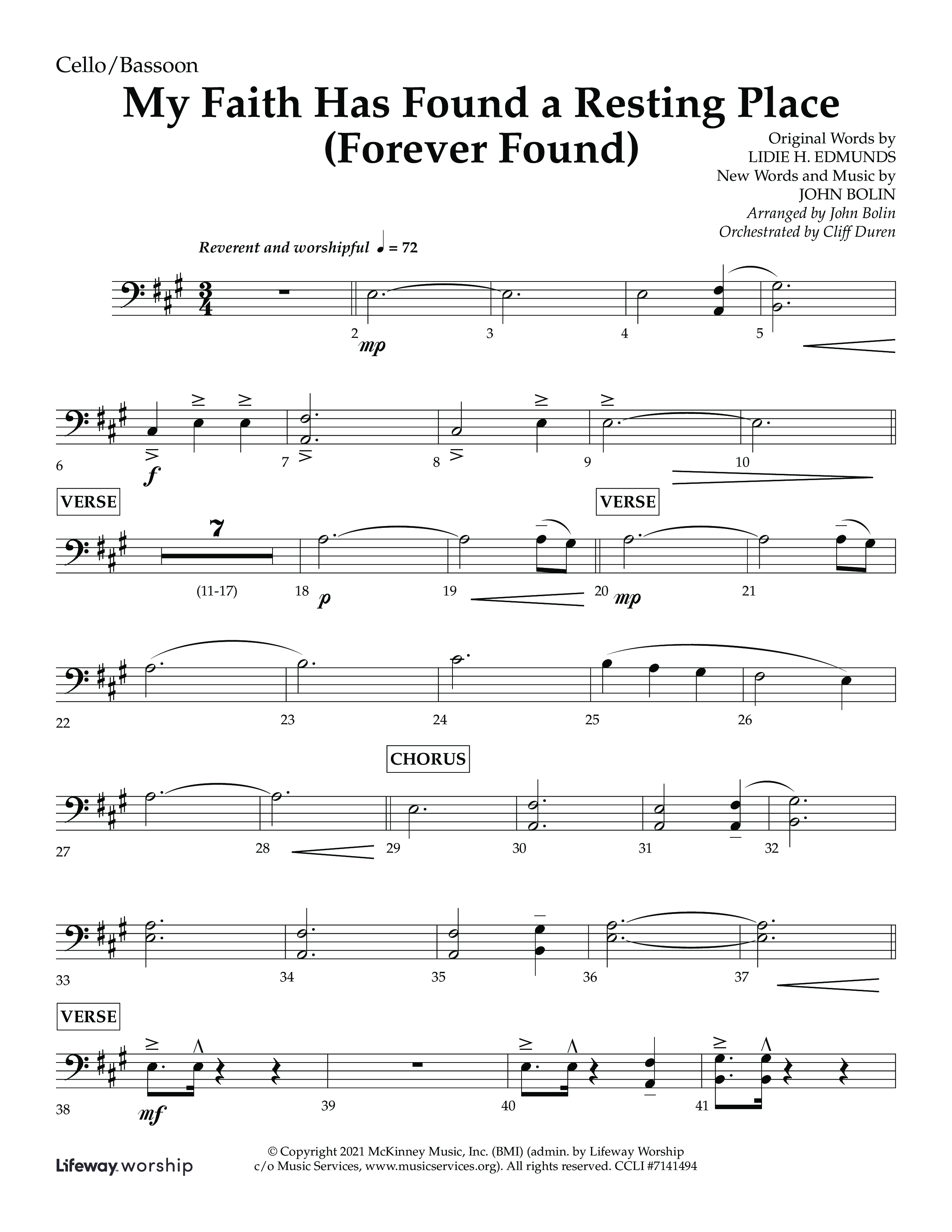 My Faith Has Found a Resting Place (Forever Found) (Choral Anthem SATB) Cello (Lifeway Choral / Arr. John Bolin / Orch. Cliff Duren)