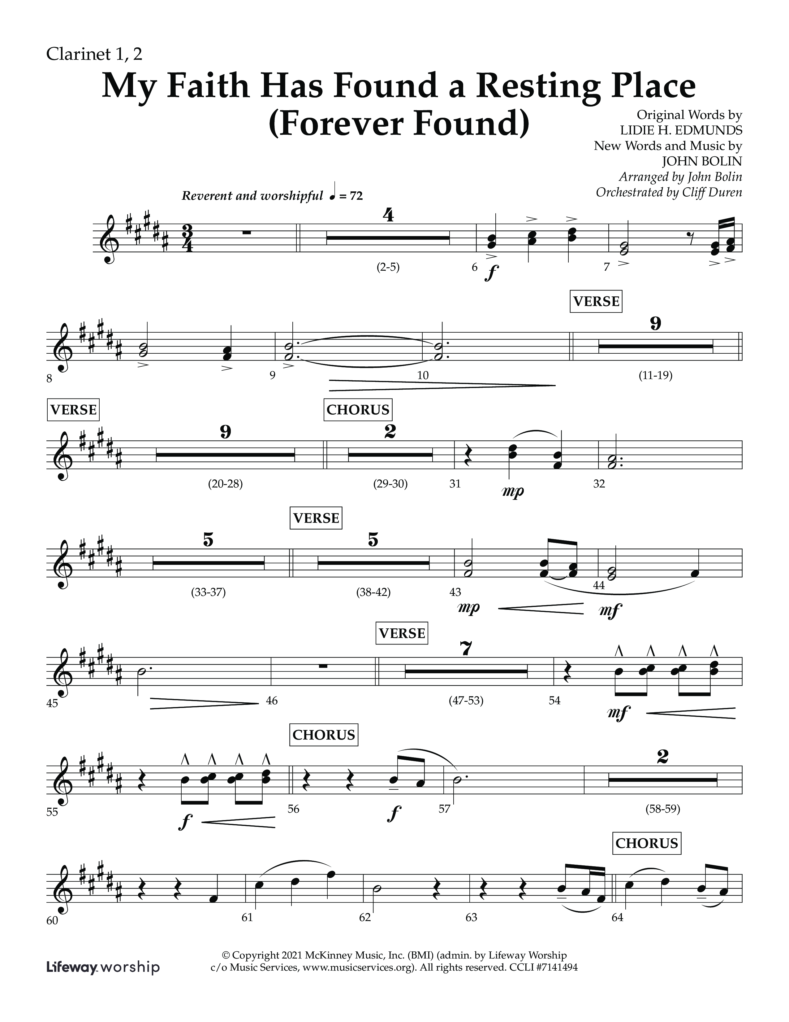 My Faith Has Found a Resting Place (Forever Found) (Choral Anthem SATB) Clarinet 1/2 (Lifeway Choral / Arr. John Bolin / Orch. Cliff Duren)