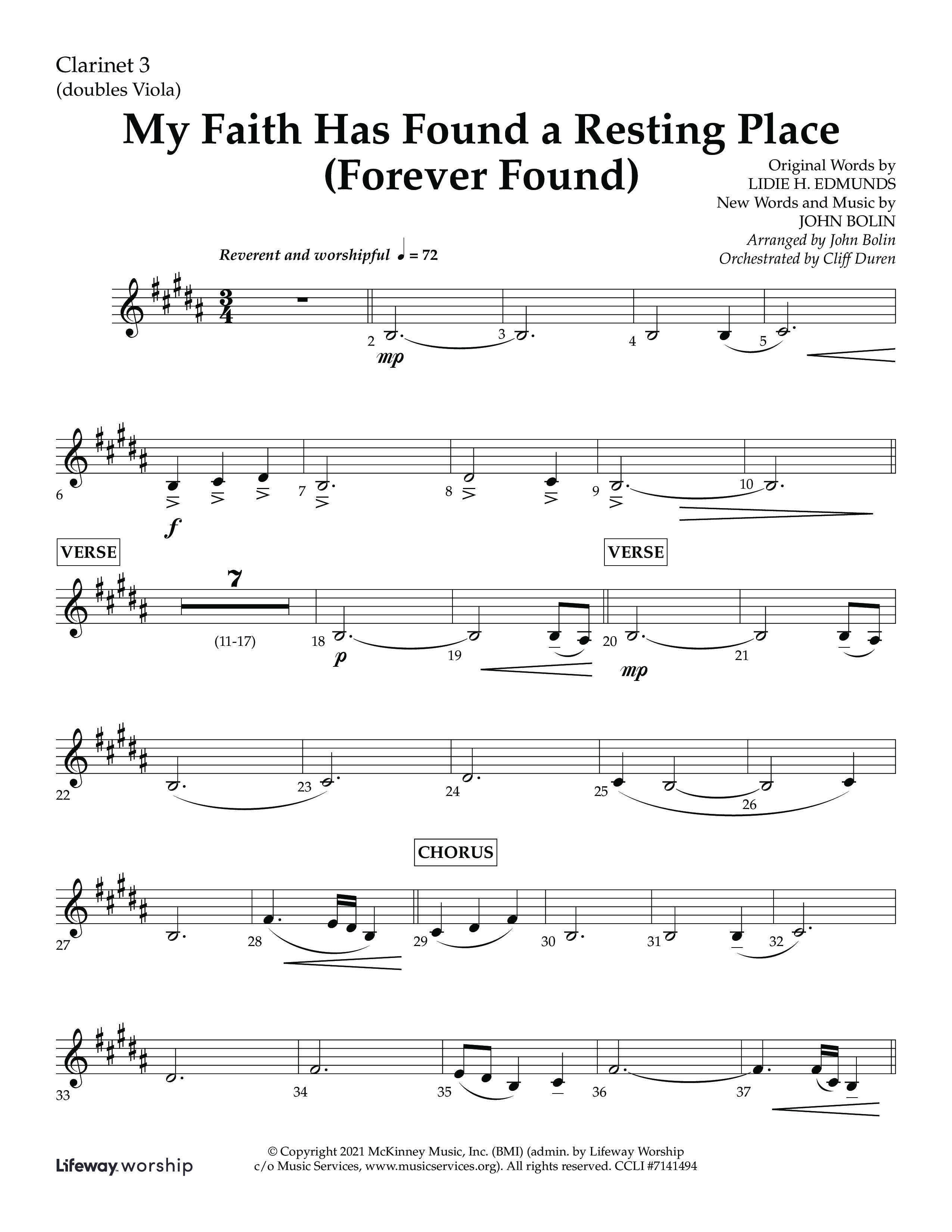 My Faith Has Found a Resting Place (Forever Found) (Choral Anthem SATB) Clarinet 3 (Lifeway Choral / Arr. John Bolin / Orch. Cliff Duren)