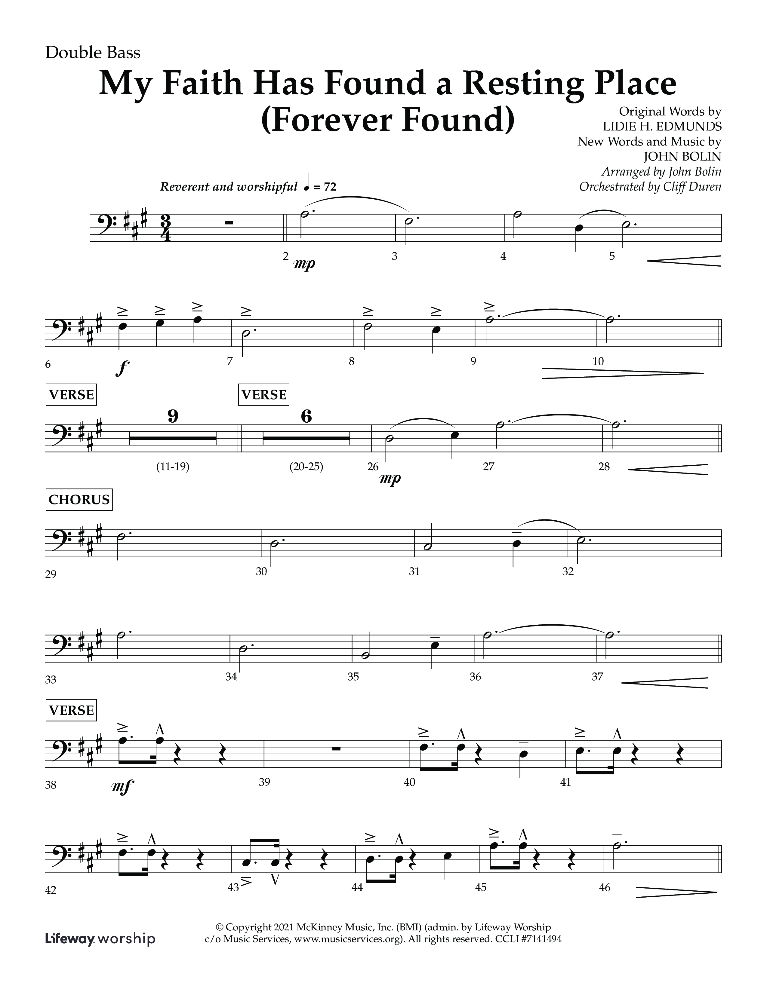 My Faith Has Found a Resting Place (Forever Found) (Choral Anthem SATB) Double Bass (Lifeway Choral / Arr. John Bolin / Orch. Cliff Duren)