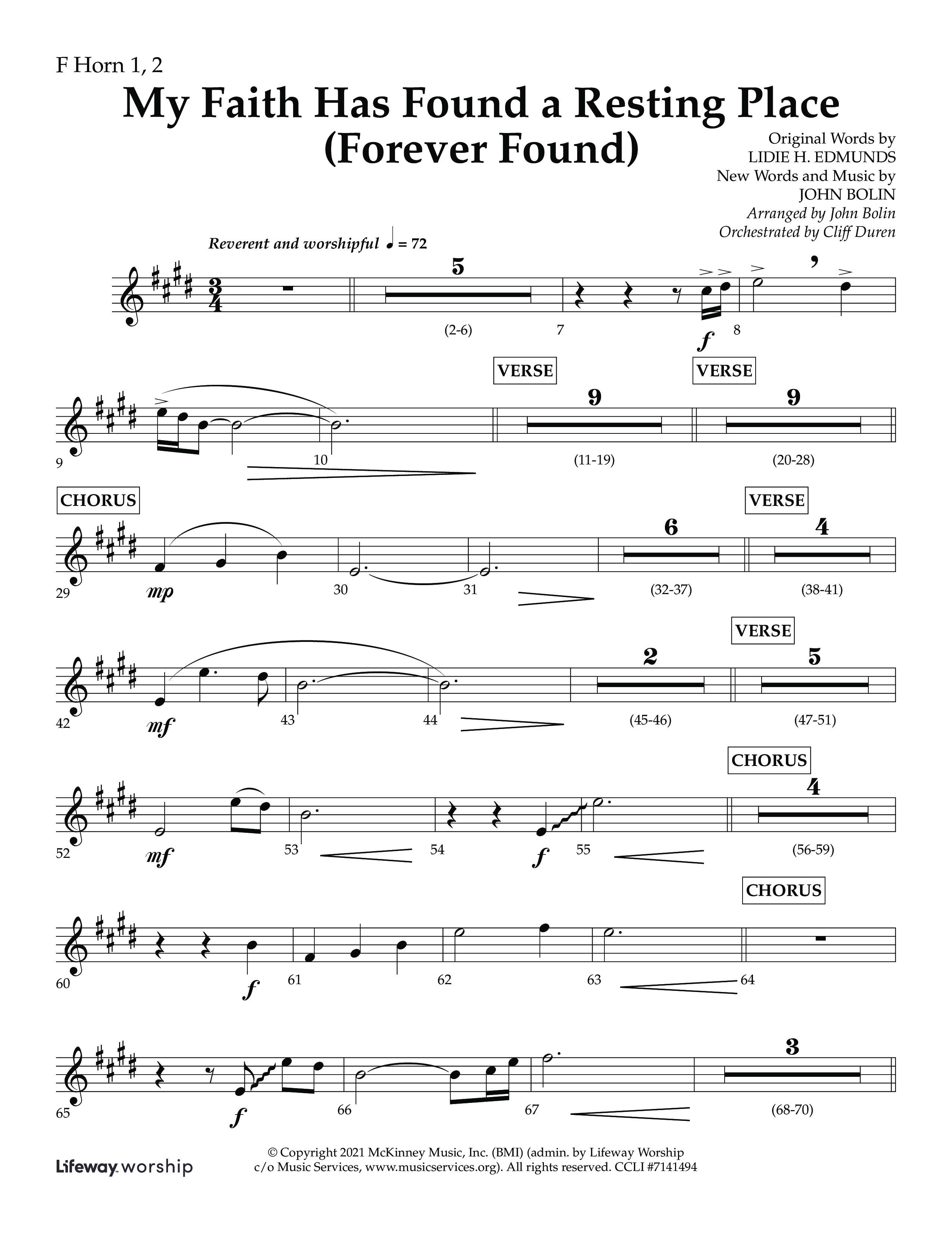 My Faith Has Found a Resting Place (Forever Found) (Choral Anthem SATB) French Horn 1/2 (Lifeway Choral / Arr. John Bolin / Orch. Cliff Duren)