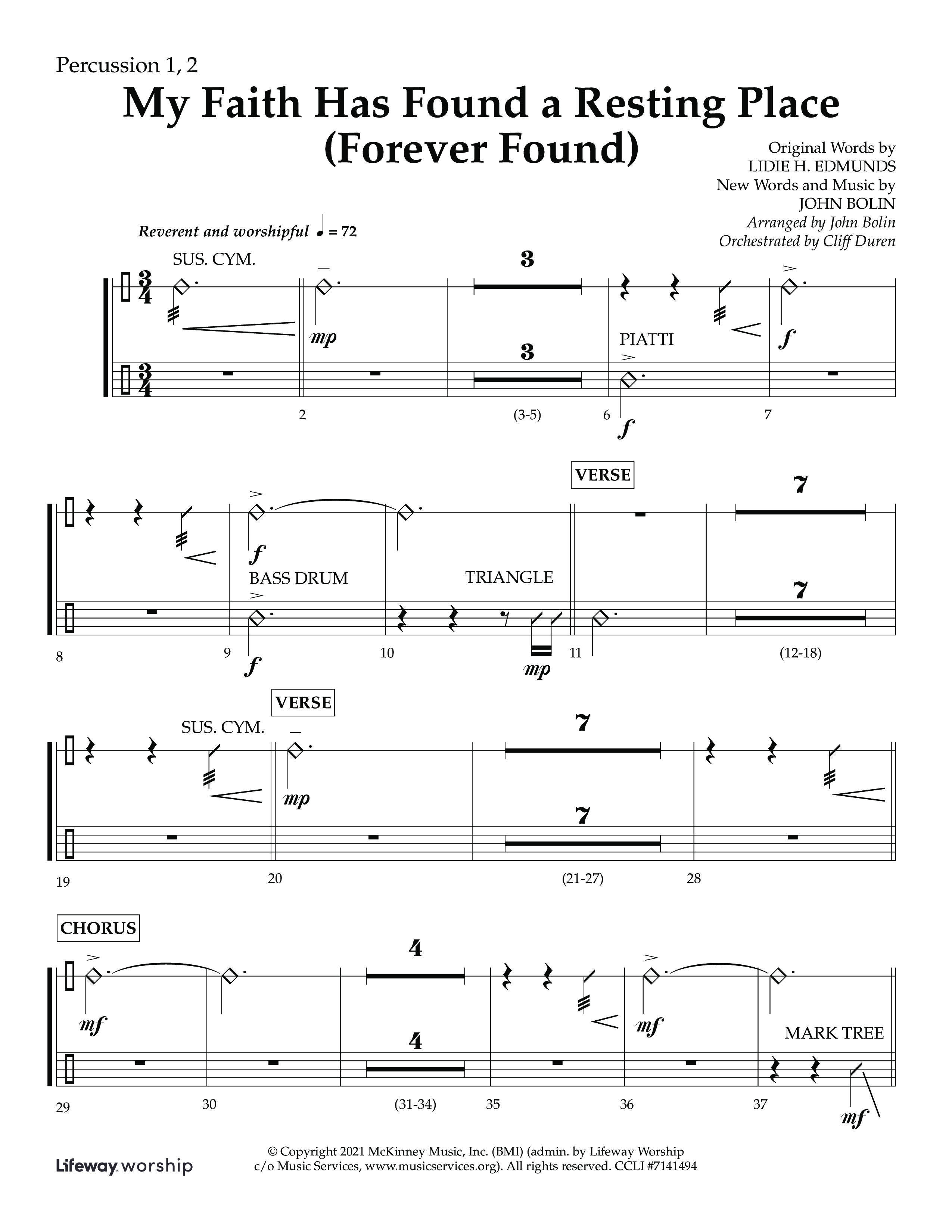 My Faith Has Found a Resting Place (Forever Found) (Choral Anthem SATB) Percussion 1/2 (Lifeway Choral / Arr. John Bolin / Orch. Cliff Duren)