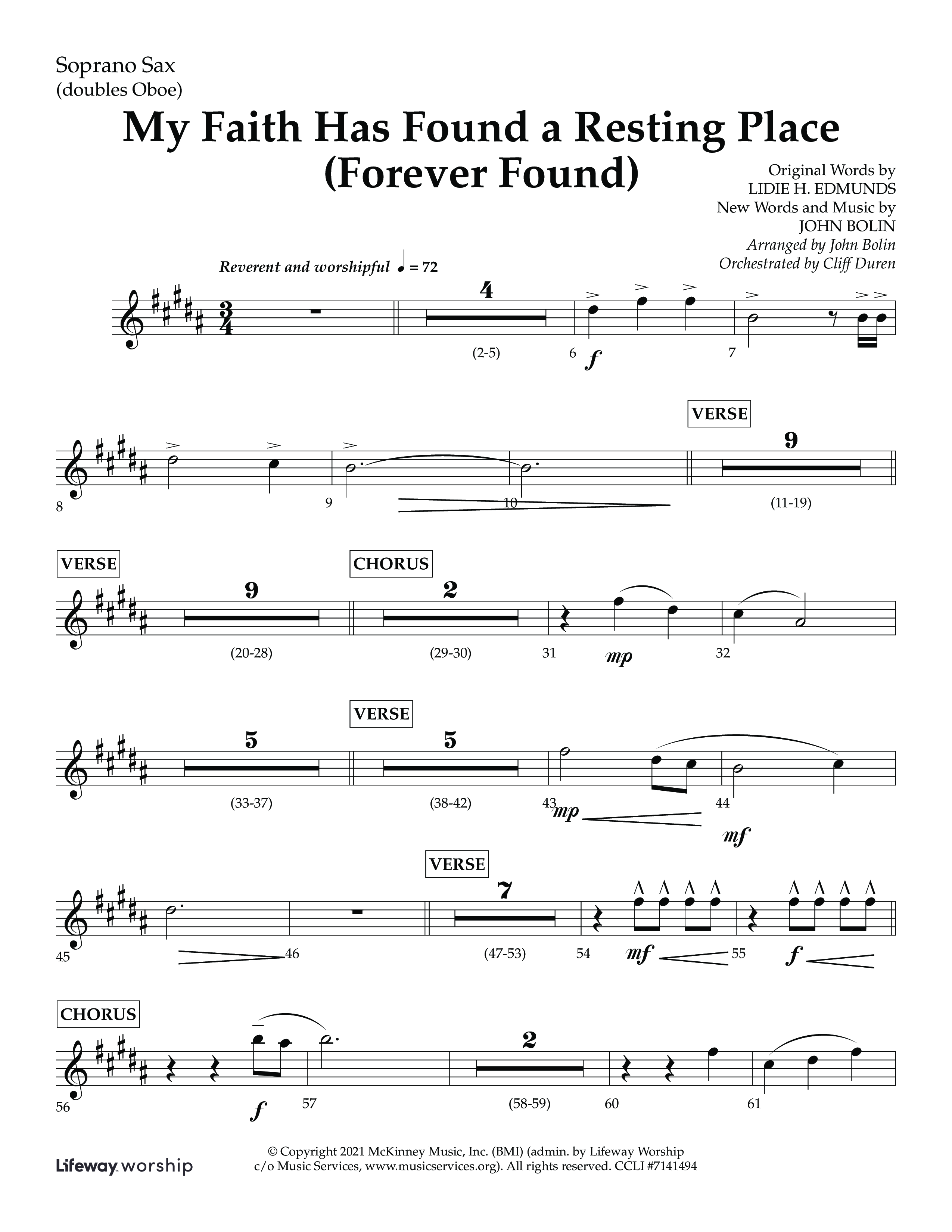 My Faith Has Found a Resting Place (Forever Found) (Choral Anthem SATB) Soprano Sax (Lifeway Choral / Arr. John Bolin / Orch. Cliff Duren)
