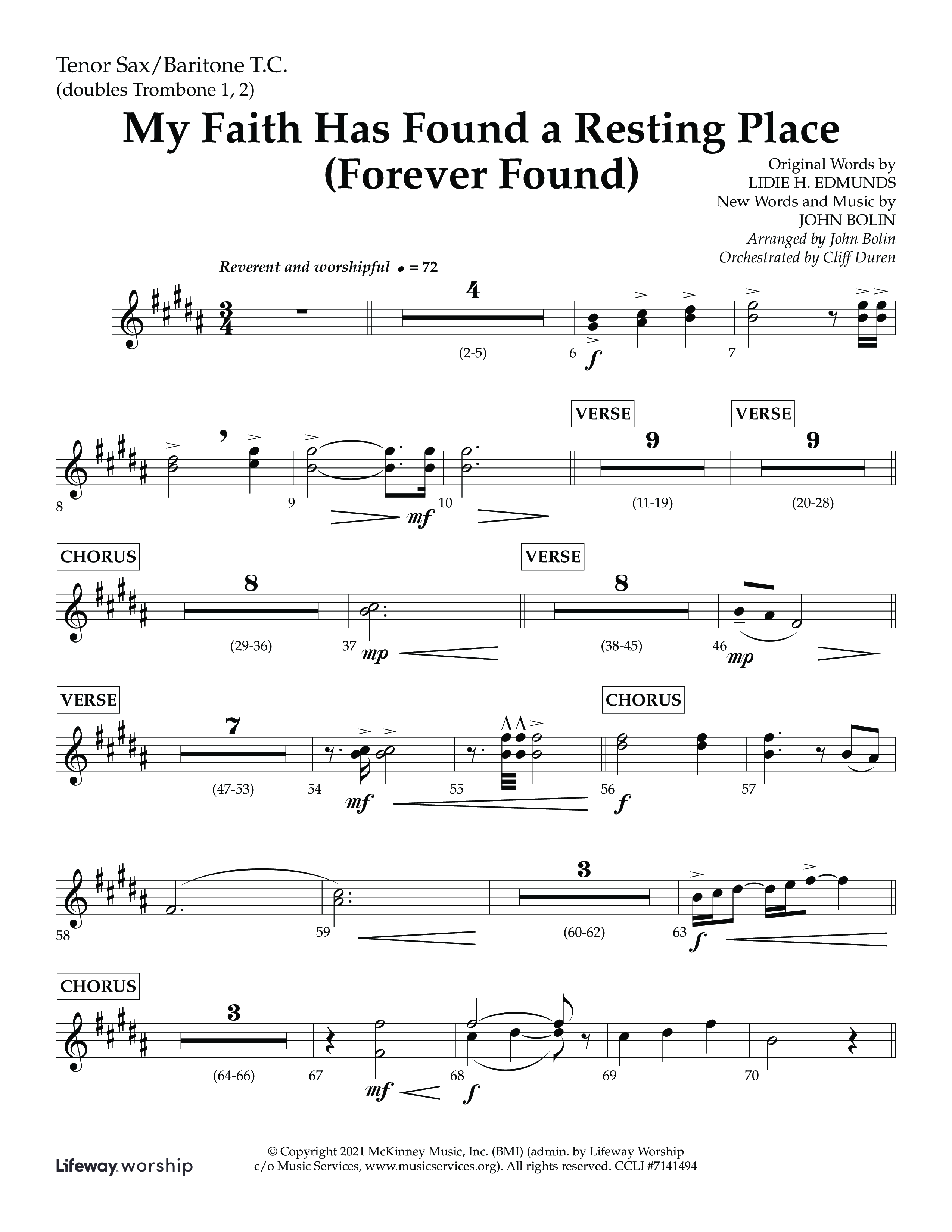 My Faith Has Found a Resting Place (Forever Found) (Choral Anthem SATB) Tenor Sax/Baritone T.C. (Lifeway Choral / Arr. John Bolin / Orch. Cliff Duren)