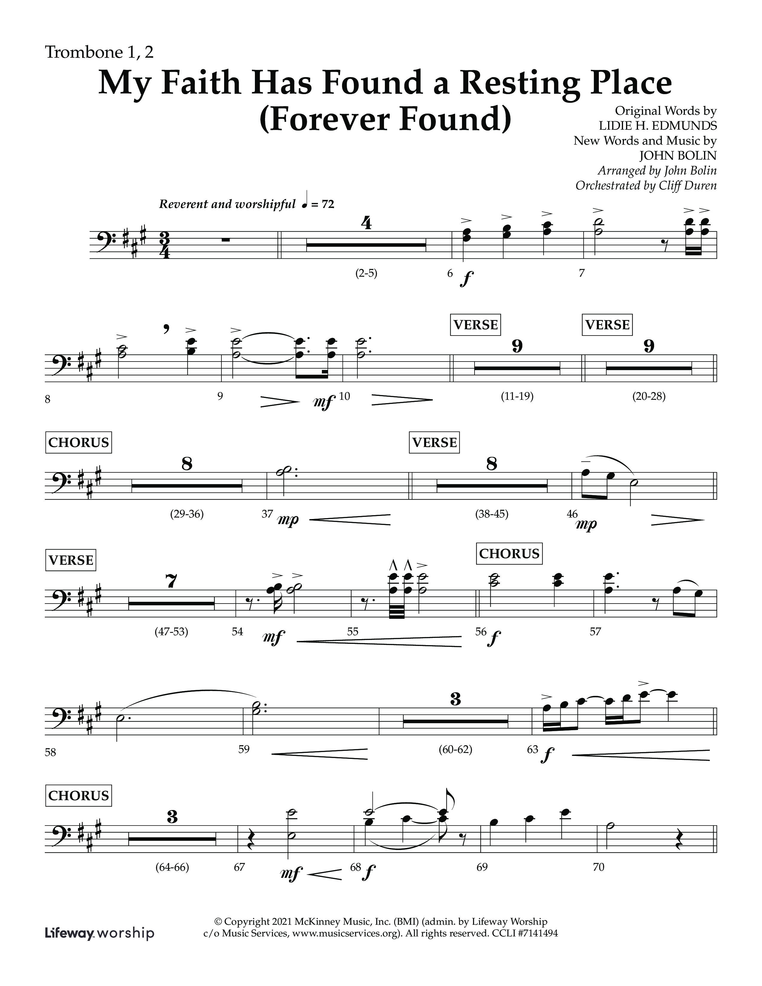 My Faith Has Found a Resting Place (Forever Found) (Choral Anthem SATB) Trombone 1/2 (Lifeway Choral / Arr. John Bolin / Orch. Cliff Duren)