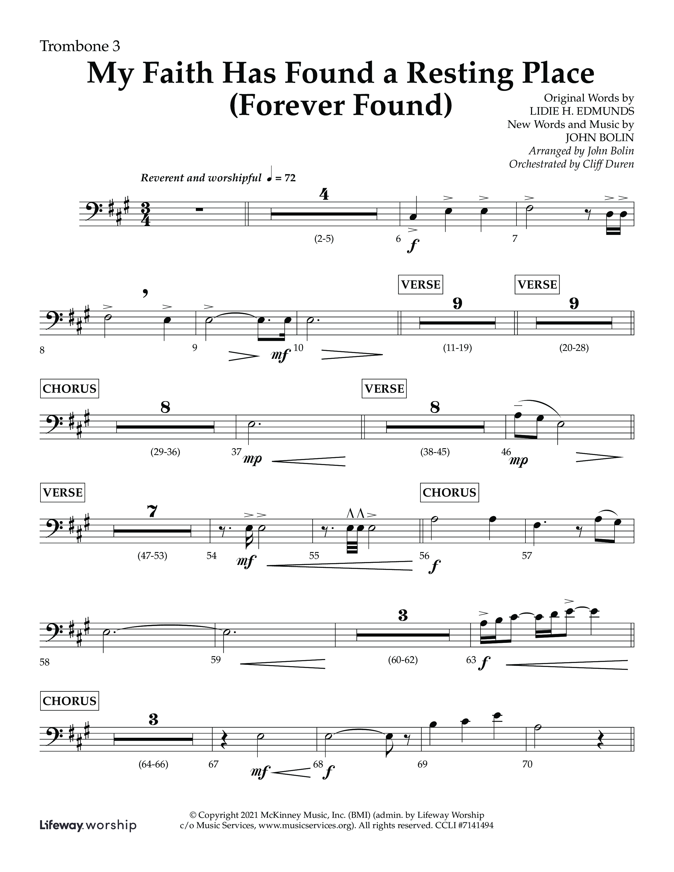 My Faith Has Found a Resting Place (Forever Found) (Choral Anthem SATB) Trombone 3 (Lifeway Choral / Arr. John Bolin / Orch. Cliff Duren)