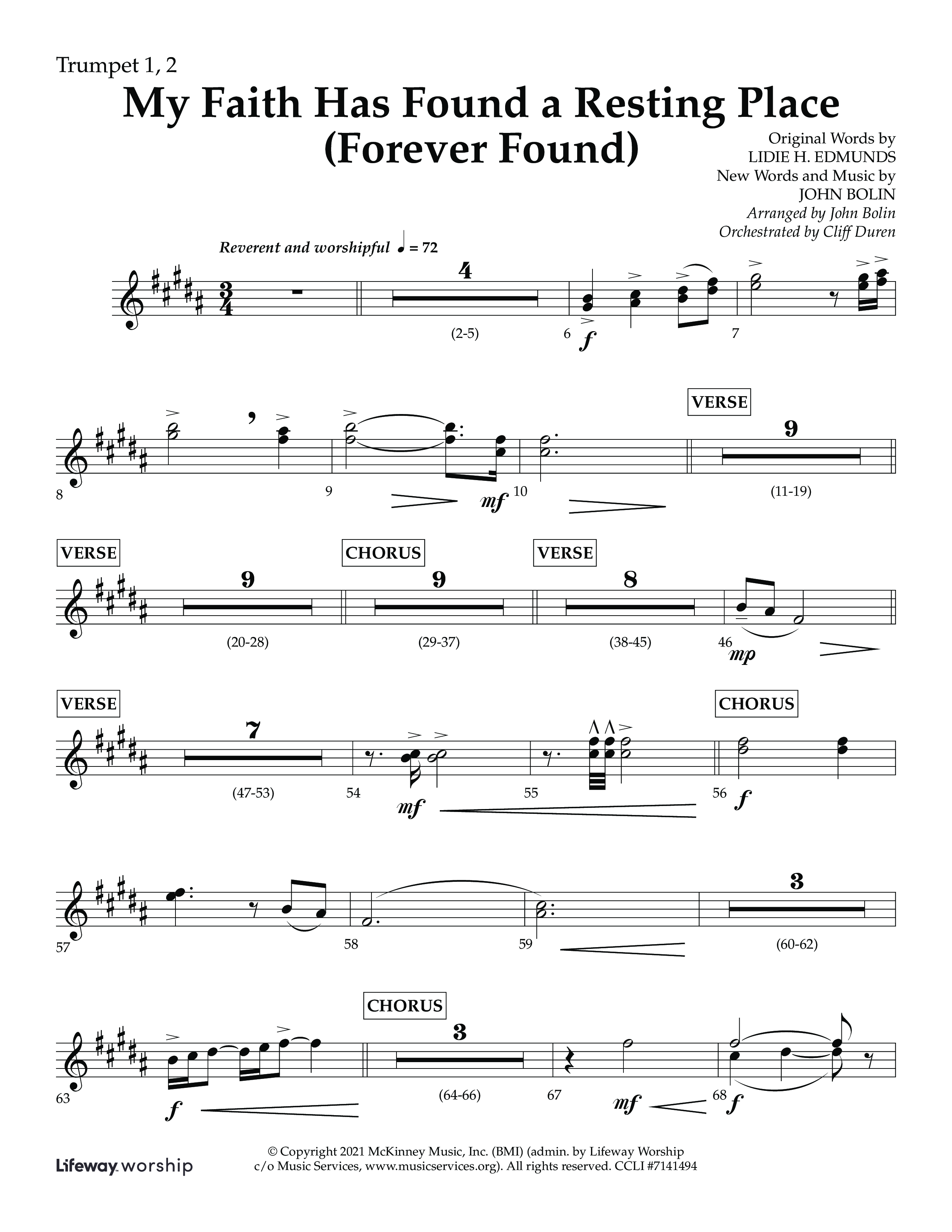 My Faith Has Found a Resting Place (Forever Found) (Choral Anthem SATB) Trumpet 1,2 (Lifeway Choral / Arr. John Bolin / Orch. Cliff Duren)