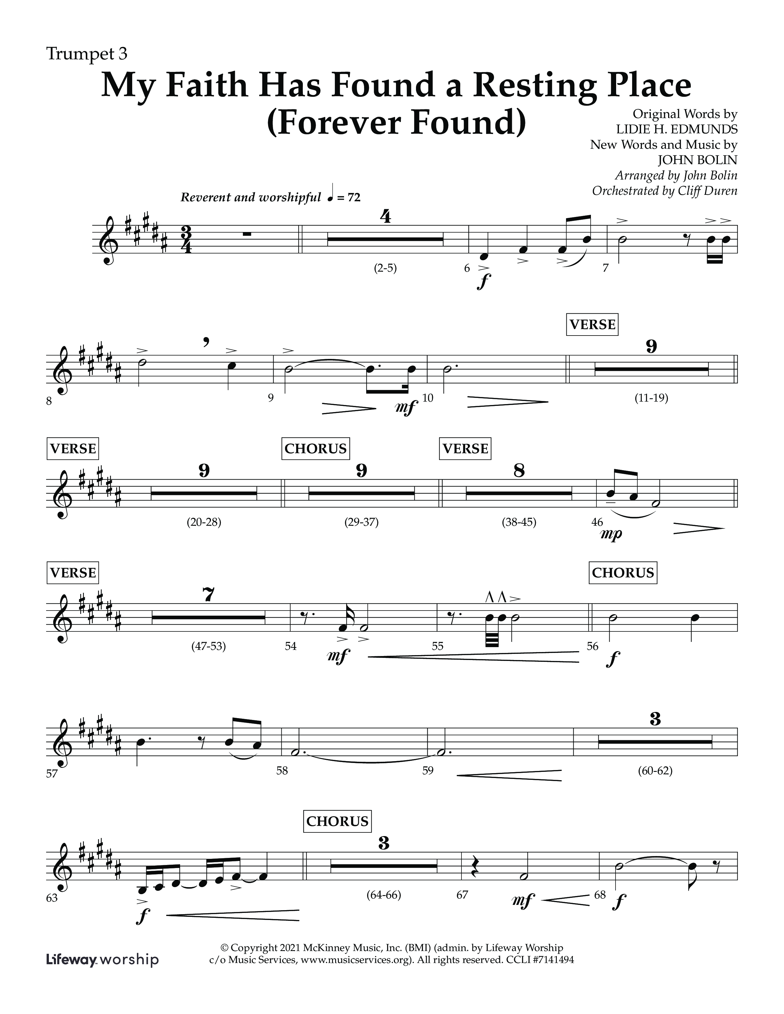 My Faith Has Found a Resting Place (Forever Found) (Choral Anthem SATB) Trumpet 3 (Lifeway Choral / Arr. John Bolin / Orch. Cliff Duren)