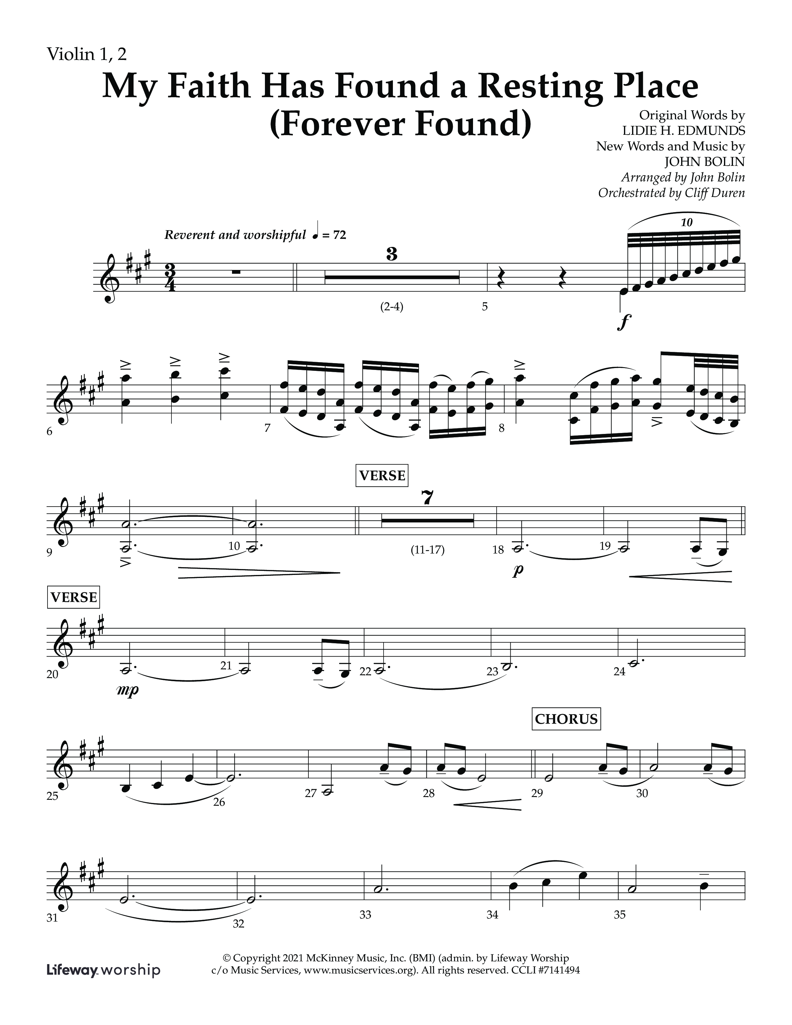 My Faith Has Found a Resting Place (Forever Found) (Choral Anthem SATB) Violin 1/2 (Lifeway Choral / Arr. John Bolin / Orch. Cliff Duren)