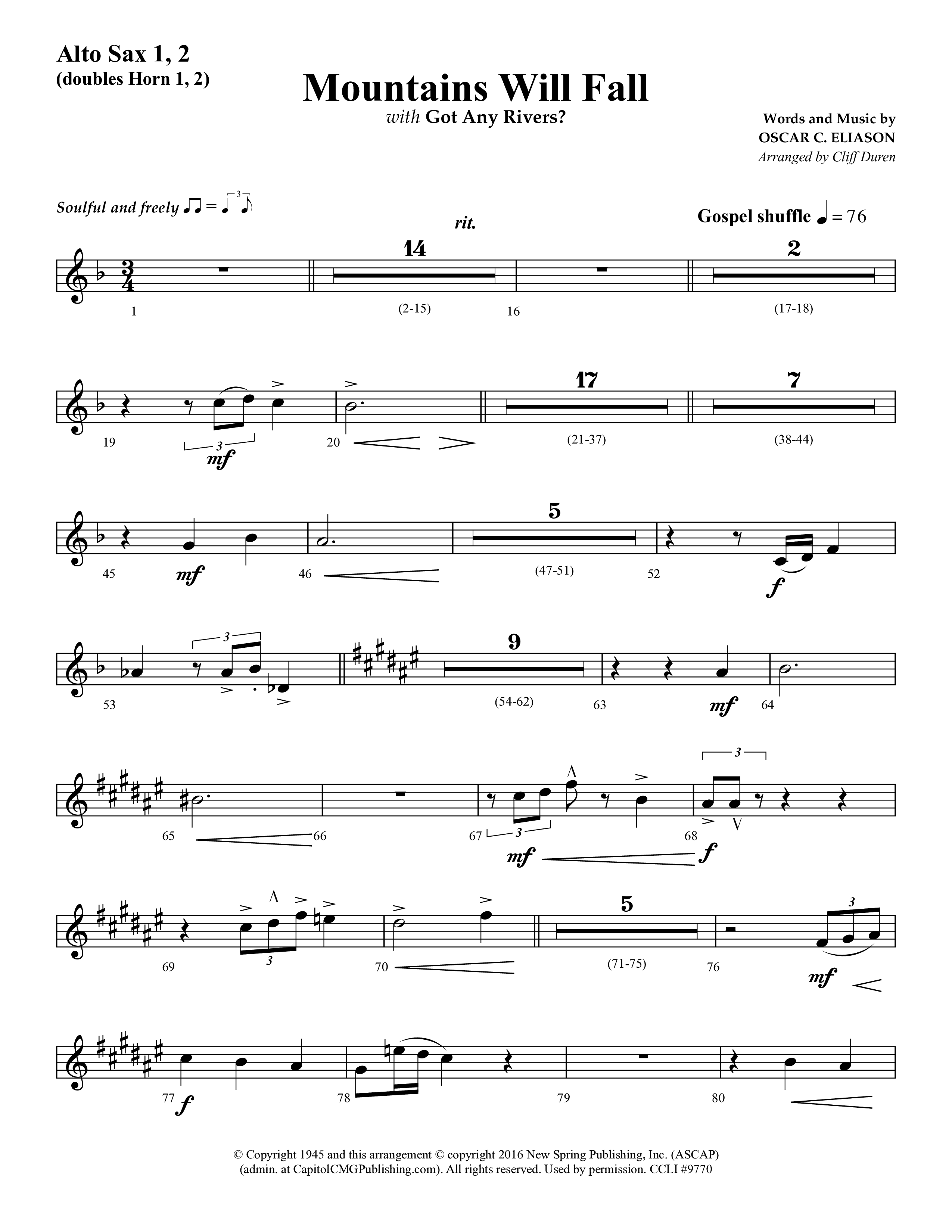 Mountains Will Fall with Got Any Rivers (Choral Anthem SATB) Alto Sax 1/2 (Lifeway Choral / Arr. Cliff Duren)