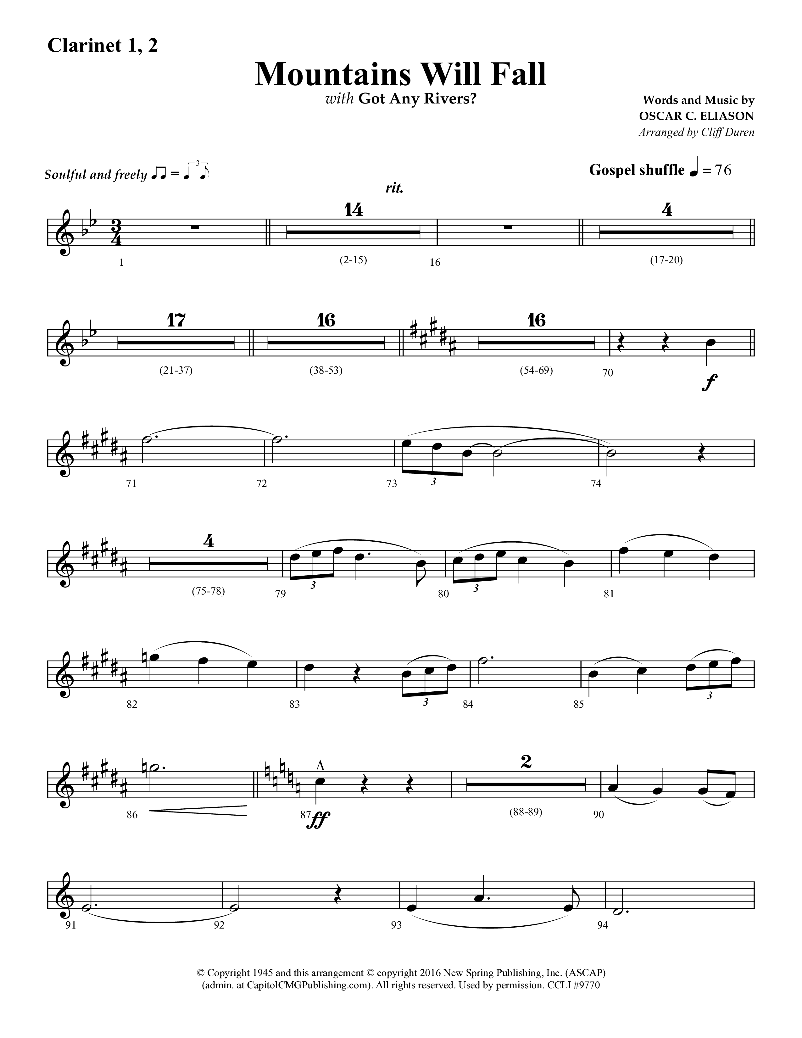 Mountains Will Fall with Got Any Rivers (Choral Anthem SATB) Clarinet 1/2 (Lifeway Choral / Arr. Cliff Duren)