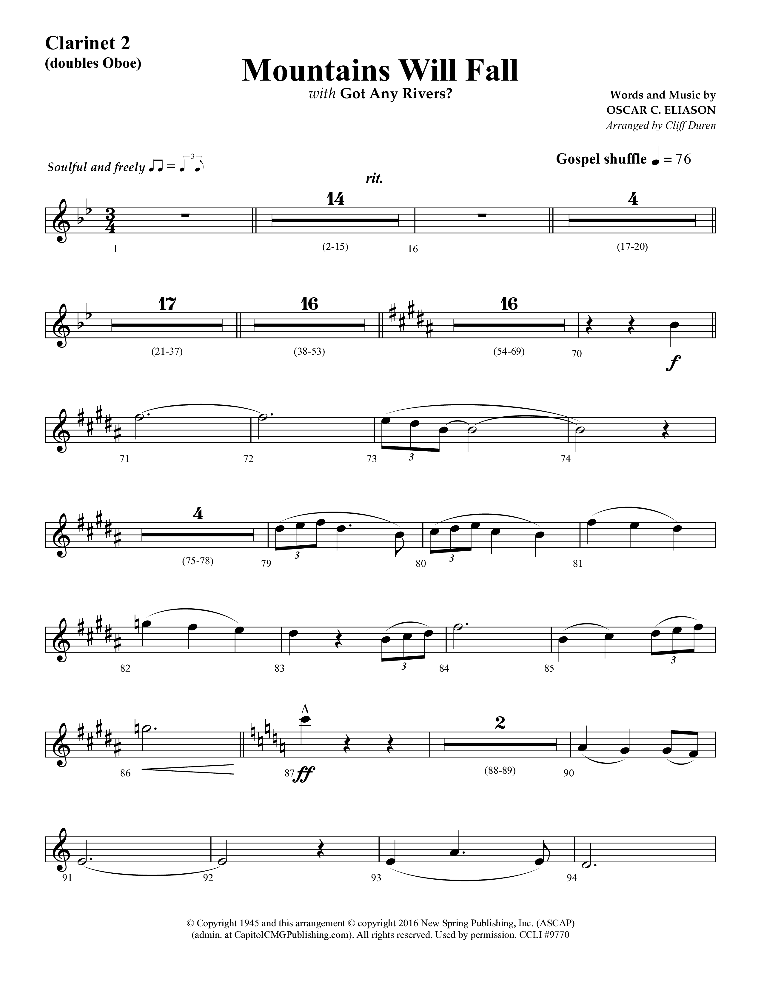 Mountains Will Fall with Got Any Rivers (Choral Anthem SATB) Clarinet 1/2 (Lifeway Choral / Arr. Cliff Duren)