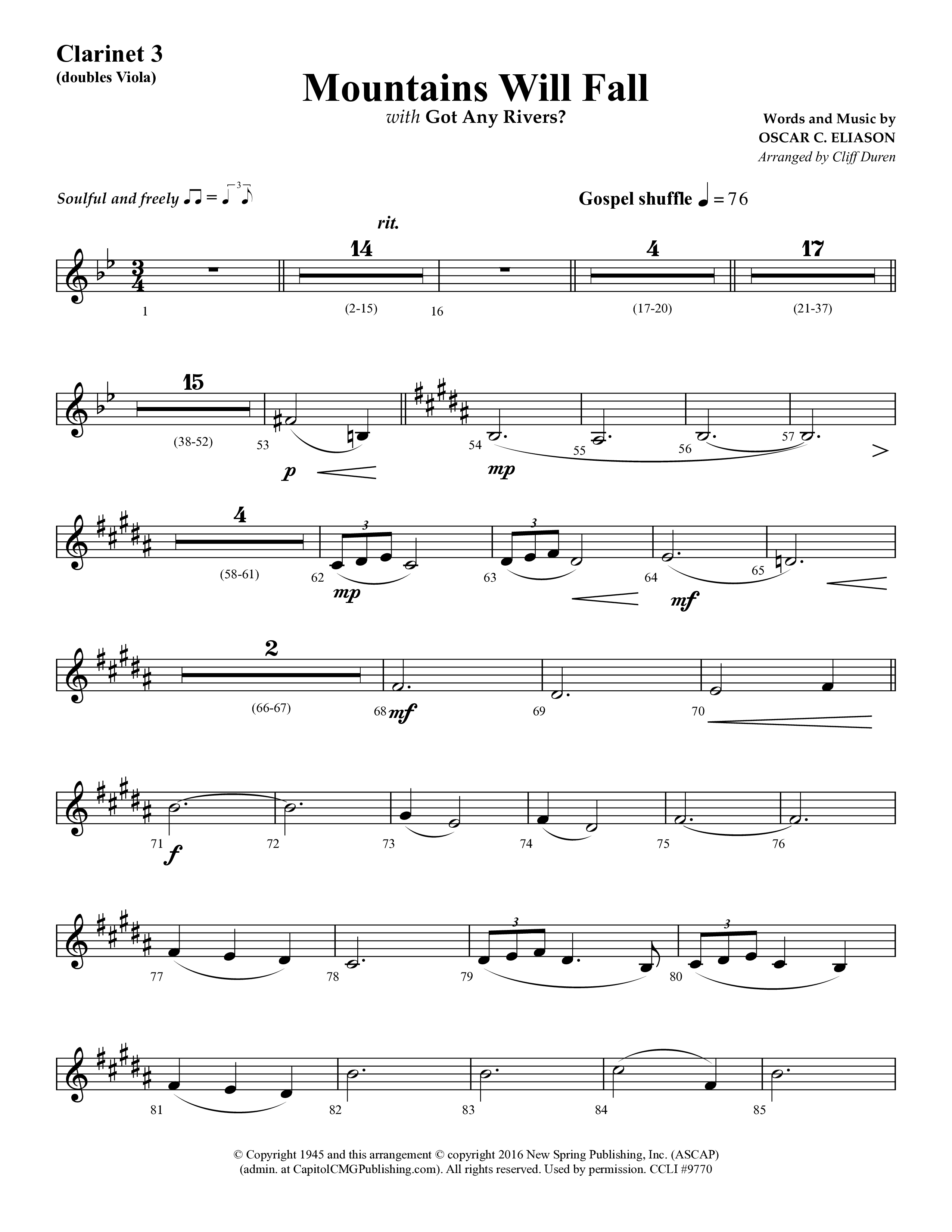 Mountains Will Fall with Got Any Rivers (Choral Anthem SATB) Clarinet 3 (Lifeway Choral / Arr. Cliff Duren)