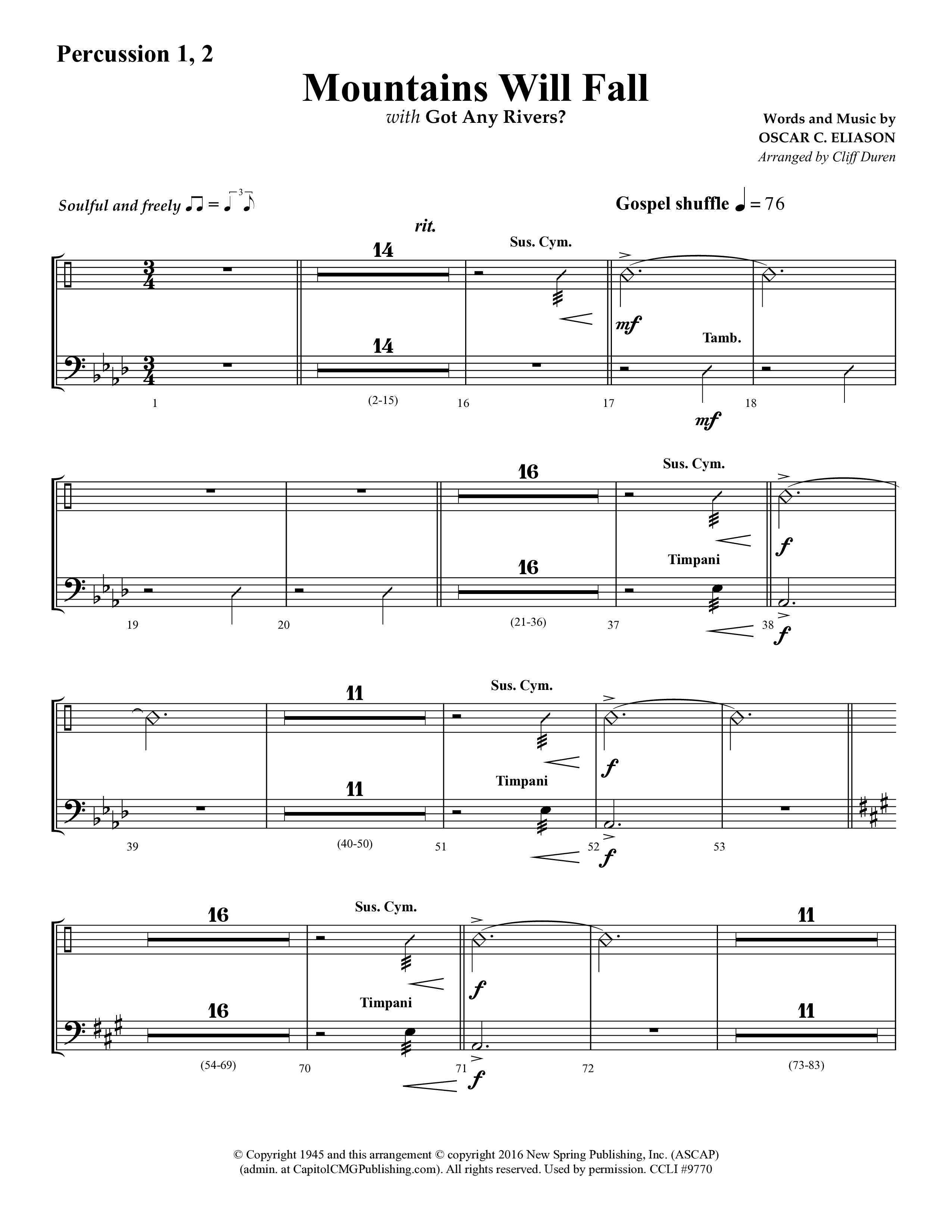Mountains Will Fall with Got Any Rivers (Choral Anthem SATB) Percussion 1/2 (Lifeway Choral / Arr. Cliff Duren)